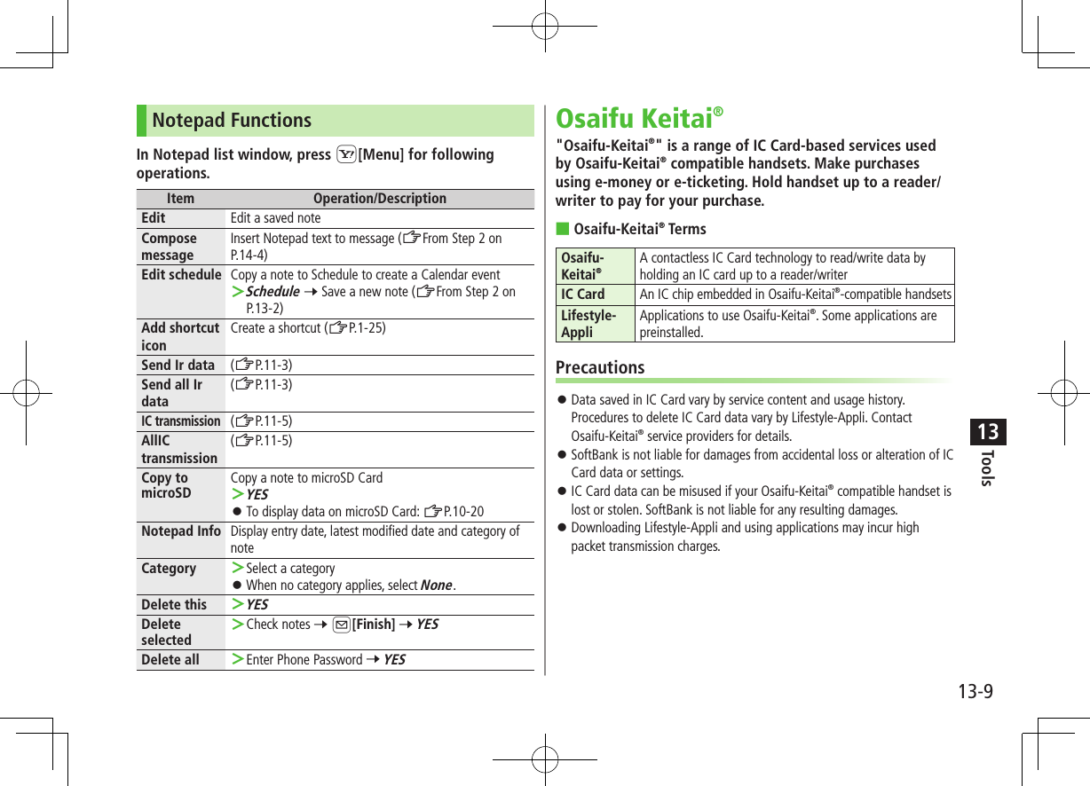 Tools13-913Notepad FunctionsIn Notepad list window, press S[Menu] for following operations.Item Operation/DescriptionEdit Edit a saved noteCompose  messageInsert Notepad text to message (ZFrom Step 2 on P.14-4)Edit schedule Copy a note to Schedule to create a Calendar event ＞Schedule 7 Save a new note (ZFrom Step 2 on P.13-2)Add shortcut iconCreate a shortcut (ZP.1-25)Send Ir data (ZP.11-3)Send all Ir data(ZP.11-3)IC transmission(ZP.11-5)AllIC transmission(ZP.11-5)Copy to microSDCopy a note to microSD Card ＞YES ⿟To display data on microSD Card: ZP.10-20Notepad Info Display entry date, latest modified date and category of noteCategory  ＞Select a category ⿟When no category applies, select None.Delete this  ＞YESDelete selected ＞Check notes 7 A[Finish] 7 YESDelete all  ＞Enter Phone Password 7 YESOsaifu Keitai®&quot;Osaifu-Keitai®&quot; is a range of IC Card-based services used by Osaifu-Keitai® compatible handsets. Make purchases using e-money or e-ticketing. Hold handset up to a reader/writer to pay for your purchase. ■Osaifu-Keitai® TermsOsaifu-Keitai®A contactless IC Card technology to read/write data by holding an IC card up to a reader/writerIC CardAn IC chip embedded in Osaifu-Keitai®-compatible handsetsLifestyle-AppliApplications to use Osaifu-Keitai®. Some applications are preinstalled.Precautions ⿟Data saved in IC Card vary by service content and usage history. Procedures to delete IC Card data vary by Lifestyle-Appli. Contact Osaifu-Keitai® service providers for details. ⿟SoftBank is not liable for damages from accidental loss or alteration of IC Card data or settings. ⿟IC Card data can be misused if your Osaifu-Keitai® compatible handset is lost or stolen. SoftBank is not liable for any resulting damages. ⿟Downloading Lifestyle-Appli and using applications may incur high packet transmission charges.