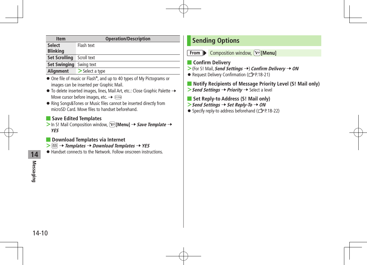 Messaging14-1014Item Operation/DescriptionSelect BlinkingFlash textSet Scrolling Scroll textSet Swinging Swing textAlignment  ＞Select a type ⿟One file of music or Flash®, and up to 40 types of My Pictograms or images can be inserted per Graphic Mail. ⿟To delete inserted images, lines, Mail Art, etc.: Close Graphic Palette 7 Move cursor before images, etc. 7  ⿟Ring Songs&amp;Tones or Music files cannot be inserted directly from microSD Card. Move files to handset beforehand. ■Save Edited Templates ＞In S! Mail Composition window, S[Menu] 7 Save Template 7 YES ■Download Templates via Internet ＞A 7 Templates 7 Download Templates 7 YES ⿟Handset connects to the Network. Follow onscreen instructions.Sending OptionsFrom Composition window, cS[Menu]  ■Confirm Delivery ＞(For S! Mail, Send Settings 7) Confirm Delivery 7 ON ⿟Request Delivery Confirmation (ZP.18-21) ■Notify Recipients of Message Priority Level (S! Mail only) ＞Send Settings 7 Priority 7 Select a level ■Set Reply-to Address (S! Mail only) ＞Send Settings 7 Set Reply-To 7 ON ⿟Specify reply-to address beforehand (ZP.18-22)