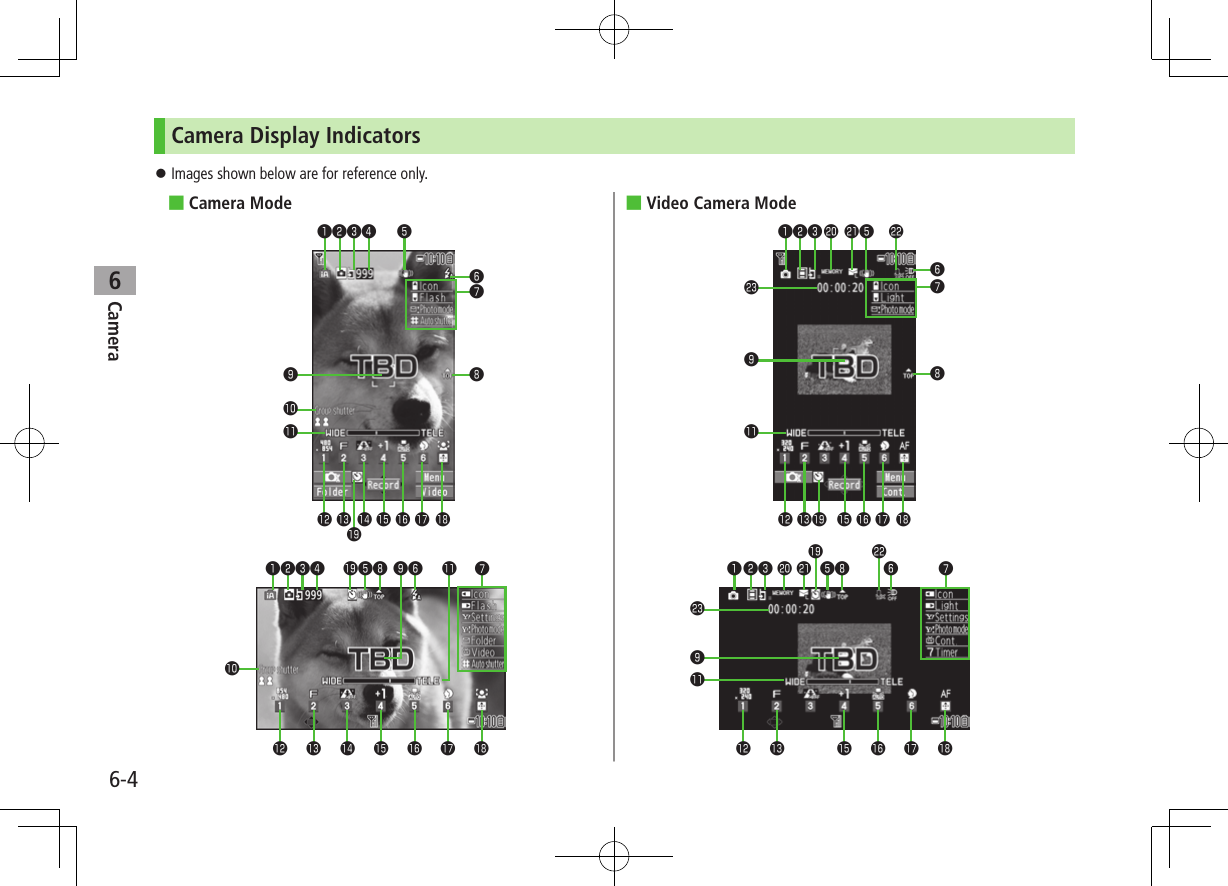 Camera6-46Camera Display Indicators ⿟Images shown below are for reference only. ■Camera Mode  ■Video Camera Mode❶ ❺❻❾󱀔󱀓󱀕 󱀖 󱀗 󱀙❸❹󱀘 󱀚 󱀛󱀜❼❽❷❽❾󱀖 󱀘 󱀙 󱀚 󱀛❷❸ ❺󱀜󱀝 󱀞 󱀟󱀠󱀔❻󱀕❶❼󱀘 󱀙 󱀚 󱀛󱀖❸ ❺❾❷❶󱀔󱀕❽󱀞󱀜 󱀟󱀠󱀝 ❻󱀔󱀕 󱀖 󱀗 󱀙❾󱀘❻󱀚❽❺󱀛󱀜❸❹❷❶󱀓❼ ❼