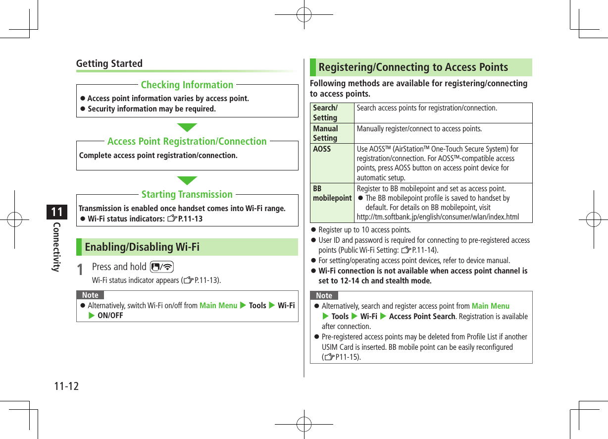Connectivity11-1211Getting Started ⿟Access point information varies by access point. ⿟Security information may be required.Complete access point registration/connection.Transmission is enabled once handset comes into Wi-Fi range. ⿟Wi-Fi status indicators: ZP.11-13Enabling/Disabling Wi-Fi1  Press and hold Wi-Fi status indicator appears (ZP.11-13).Note ⿟Alternatively, switch Wi-Fi on/off from Main Menu 4 Tools 4 Wi-Fi 4 ON/OFFChecking InformationAccess Point Registration/ConnectionStarting TransmissionRegistering/Connecting to Access PointsFollowing methods are available for registering/connecting to access points.Search/SettingSearch access points for registration/connection.Manual SettingManually register/connect to access points.AOSS Use AOSSTM (AirStationTM One-Touch Secure System) for registration/connection. For AOSSTM-compatible access points, press AOSS button on access point device for automatic setup.BB mobilepointRegister to BB mobilepoint and set as access point. ⿟The BB mobilepoint profile is saved to handset by default. For details on BB mobilepoint, visit http://tm.softbank.jp/english/consumer/wlan/index.html ⿟Register up to 10 access points. ⿟User ID and password is required for connecting to pre-registered access points (Public Wi-Fi Setting: ZP.11-14). ⿟For setting/operating access point devices, refer to device manual. ⿟Wi-Fi connection is not available when access point channel is set to 12-14 ch and stealth mode.Note ⿟Alternatively, search and register access point from Main Menu 4 Tools 4 Wi-Fi 4 Access Point Search. Registration is available after connection. ⿟Pre-registered access points may be deleted from Profile List if another USIM Card is inserted. BB mobile point can be easily reconfigured  (ZP11-15).