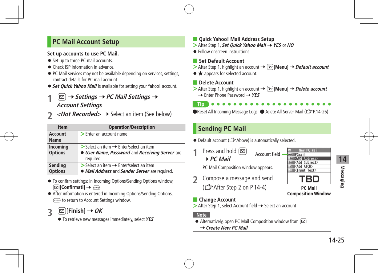 Messaging14-2514PC Mail Account SetupSet up accounts to use PC Mail. ⿟Set up to three PC mail accounts. ⿟Check ISP information in advance. ⿟PC Mail services may not be available depending on services, settings, contract details for PC mail account. ⿟Set Quick Yahoo Mail is available for setting your Yahoo! account.1 A 7 Settings 7 PC Mail Settings 7 Account Settings2 &lt;Not Recorded&gt; 7 Select an item (See below)Item Operation/DescriptionAccount Name ＞Enter an account nameIncoming Options ＞Select an item 7 Enter/select an item ⿟User Name, Password and Receiving Server are required.Sending Options ＞Select an item 7 Enter/select an item ⿟Mail Address and Sender Server are required.  ⿟To confirm settings: In Incoming Options/Sending Options window,  A[Confirmati] 7  ⿟After information is entered in Incoming Options/Sending Options,   to return to Account Settings window.3 A[Finish] 7 OK ⿟To retrieve new messages immediately, select YES ■Quick Yahoo! Mail Address Setup ＞After Step 1, Set Quick Yahoo Mail 7 YES or NO ⿟Follow onscreen instructions. ■Set Default Account ＞After Step 1, highlight an account 7 S[Menu] 7 Default account ⿟★ appears for selected account. ■Delete Account ＞After Step 1, highlight an account 7 S[Menu] 7 Delete account 7 Enter Phone Password 7 YES Tip ●Reset All Incoming Message Logs  ●Delete All Server Mail (ZP.14-26)Sending PC Mail ⿟Default account (ZAbove) is automatically selected.1  Press and hold A 7 PC MailPC Mail Composition window appears.2  Compose a message and send(ZAfter Step 2 on P.14-4) ■Change Account ＞After Step 1, select Account field 7 Select an accountNote ⿟Alternatively, open PC Mail Composition window from A 7 Create New PC MailAccount fieldPC Mail  Composition Window