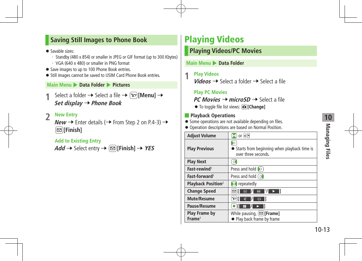 Managing Files10-1310Saving Still Images to Phone Book ⿟Savable sizes:・   Standby (480 x 854) or smaller in JPEG or GIF format (up to 300 Kbytes)・  VGA (640 x 480) or smaller in PNG format ⿟Save images to up to 100 Phone Book entries. ⿟Still images cannot be saved to USIM Card Phone Book entries.Main Menu 4 Data Folder 4 Pictures1  Select a folder 7 Select a file 7 S[Menu] 7 Set display 7 Phone Book2  New EntryNew 7 Enter details (7 From Step 2 on P.4-3) 7 A[Finish]  Add to Existing EntryAdd 7 Select entry 7 A[Finish] 7 YESPlaying VideosPlaying Videos/PC MoviesMain Menu 4 Data Folder1  Play VideosVideos 7 Select a folder 7 Select a file  Play PC MoviesPC Movies 7 microSD 7 Select a file ⿟To toggle file list views:  [Change] ■Playback Operations ⿟Some operations are not available depending on files. ⿟Operation descriptions are based on Normal Position.Adjust Volume  or Play Previous  ⿟Starts from beginning when playback time is over three seconds.Play NextFast-rewind1Press and hold Fast-forward1Press and hold Playback Position2 repeatedlyChange Speed A[/1/ ]Mute/Resume S[/ ]Pause/Resume [ / ]Play Frame by Frame1While pausing, A[Frame] ⿟Play back frame by frame 