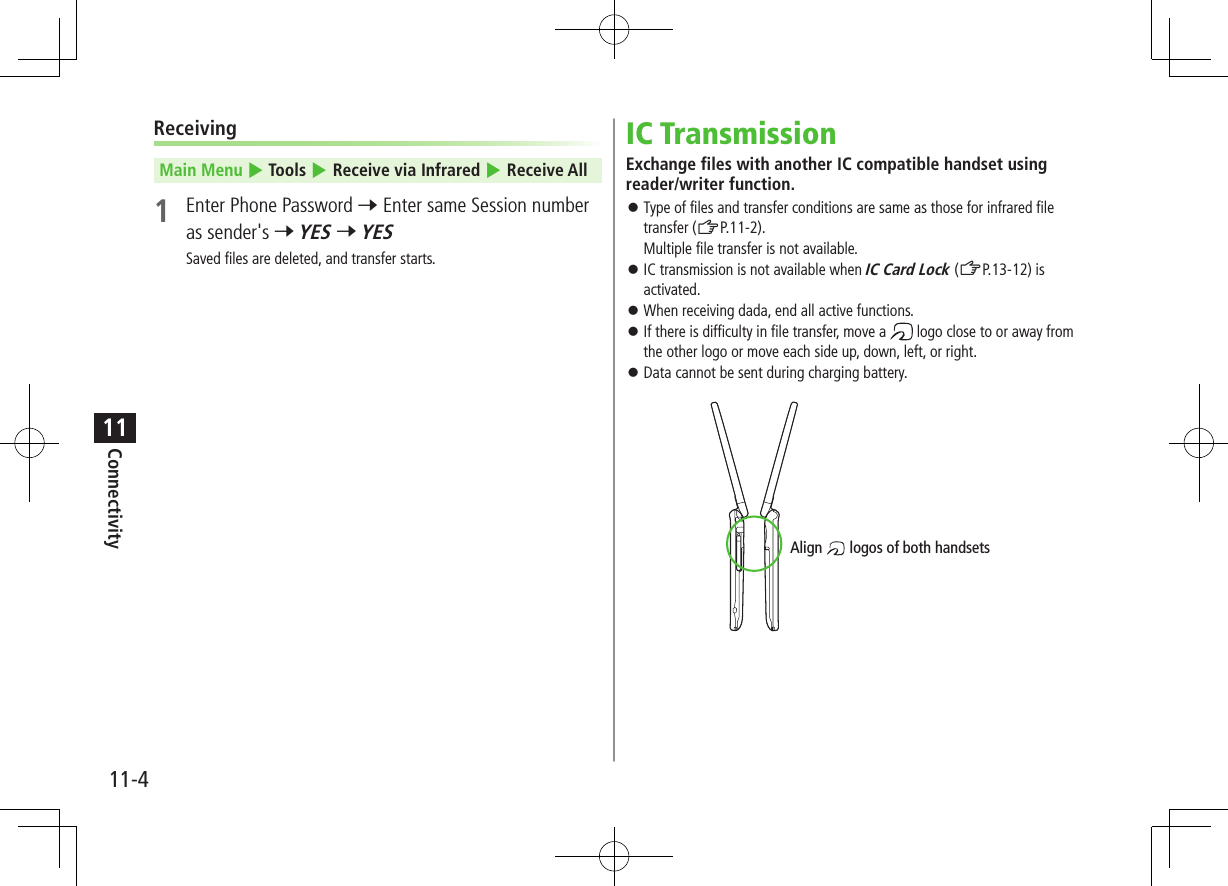 Connectivity11-411ReceivingMain Menu 4 Tools 4 Receive via Infrared 4 Receive All1  Enter Phone Password 7 Enter same Session number as sender&apos;s 7 YES 7 YESSaved files are deleted, and transfer starts.IC TransmissionExchange files with another IC compatible handset using reader/writer function. ⿟Type of files and transfer conditions are same as those for infrared file transfer (ZP.11-2).Multiple file transfer is not available. ⿟IC transmission is not available when IC Card Lock (ZP.13-12) is activated. ⿟When receiving dada, end all active functions. ⿟If there is difficulty in file transfer, move a   logo close to or away from the other logo or move each side up, down, left, or right. ⿟Data cannot be sent during charging battery.Align       logos of both handsets