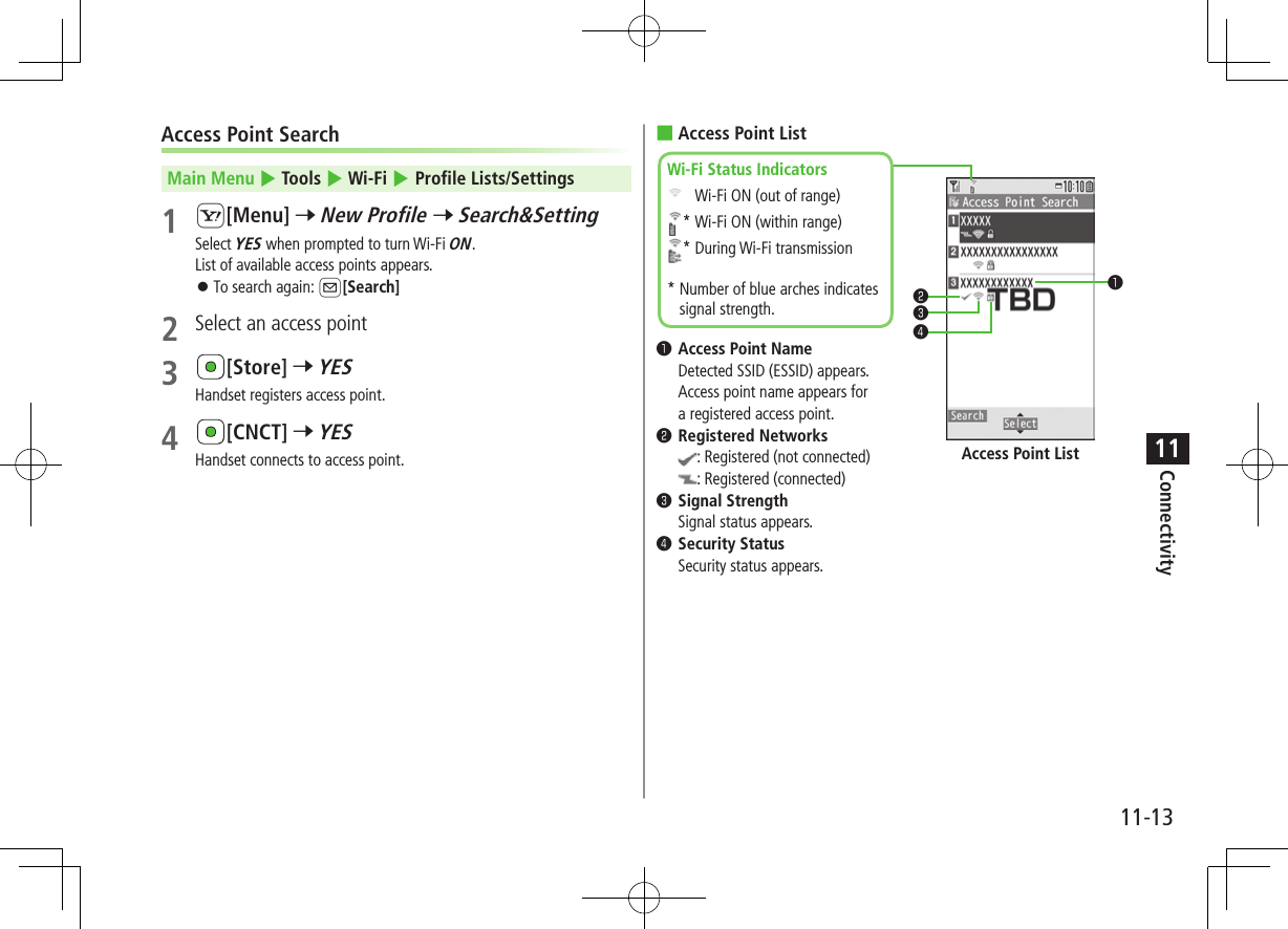 Connectivity11-1311Access Point SearchMain Menu 4 Tools 4 Wi-Fi 4 Profile Lists/Settings1 S[Menu] 7 New Profile 7 Search&amp;SettingSelect YES when prompted to turn Wi-Fi ON. List of available access points appears. ⿟To search again: A[Search]2  Select an access point3 [Store] 7 YESHandset registers access point.4 [CNCT] 7 YESHandset connects to access point. ■Access Point List❶Access Point Name     Detected SSID (ESSID) appears. Access point name appears for a registered access point.❷Registered Networks    : Registered (not connected)    : Registered (connected)❸Signal Strength     Signal status appears.❹Security Status     Security status appears.❶❷❸❹Wi-Fi Status Indicators   Wi-Fi ON (out of range)* Wi-Fi ON (within range)* During Wi-Fi transmission*  Number of blue arches indicates signal strength.Access Point List