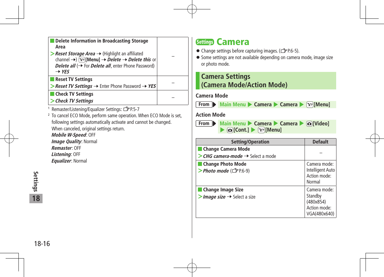 18-16Settings18 ■Delete Information in Broadcasting Storage Area ＞Reset Storage Area 7 (Highlight an affiliated channel 7) S[Menu] 7 Delete 7 Delete this or Delete all (7 For Delete all, enter Phone Password) 7 YES– ■Reset TV Settings ＞Reset TV Settings 7 Enter Phone Password 7 YES– ■Check TV Settings ＞Check TV Settings–1  Remaster/Listening/Equalizer Settings: ZP.5-72   To cancel ECO Mode, perform same operation. When ECO Mode is set, following settings automatically activate and cannot be changed.  When canceled, original settings return. Mobile W-Speed: OFFImage Quality: NormalRemaster: OFFListening: OFFEqualizer: NormalSettingsCamera 󱛠Change settings before capturing images. (ZP.6-5). 󱛠Some settings are not available depending on camera mode, image size or photo mode.Camera Settings  (Camera Mode/Action Mode)Camera ModeFrom Main Menu 4 Camera 4 Camera 4 cS[Menu]Action ModeFrom Main Menu 4 Camera 4 Camera 4  [Video] 4 [Cont.] 4 cS[Menu]Setting/Operation Default ■Change Camera Mode ＞CHG camera-mode 7 Select a mode – ■Change Photo Mode ＞Photo mode (ZP.6-9)Camera mode: Intelligent AutoAction mode: Normal ■Change Image Size ＞Image size 7 Select a sizeCamera mode: Standby (480x854)Action mode: VGA(480x640)