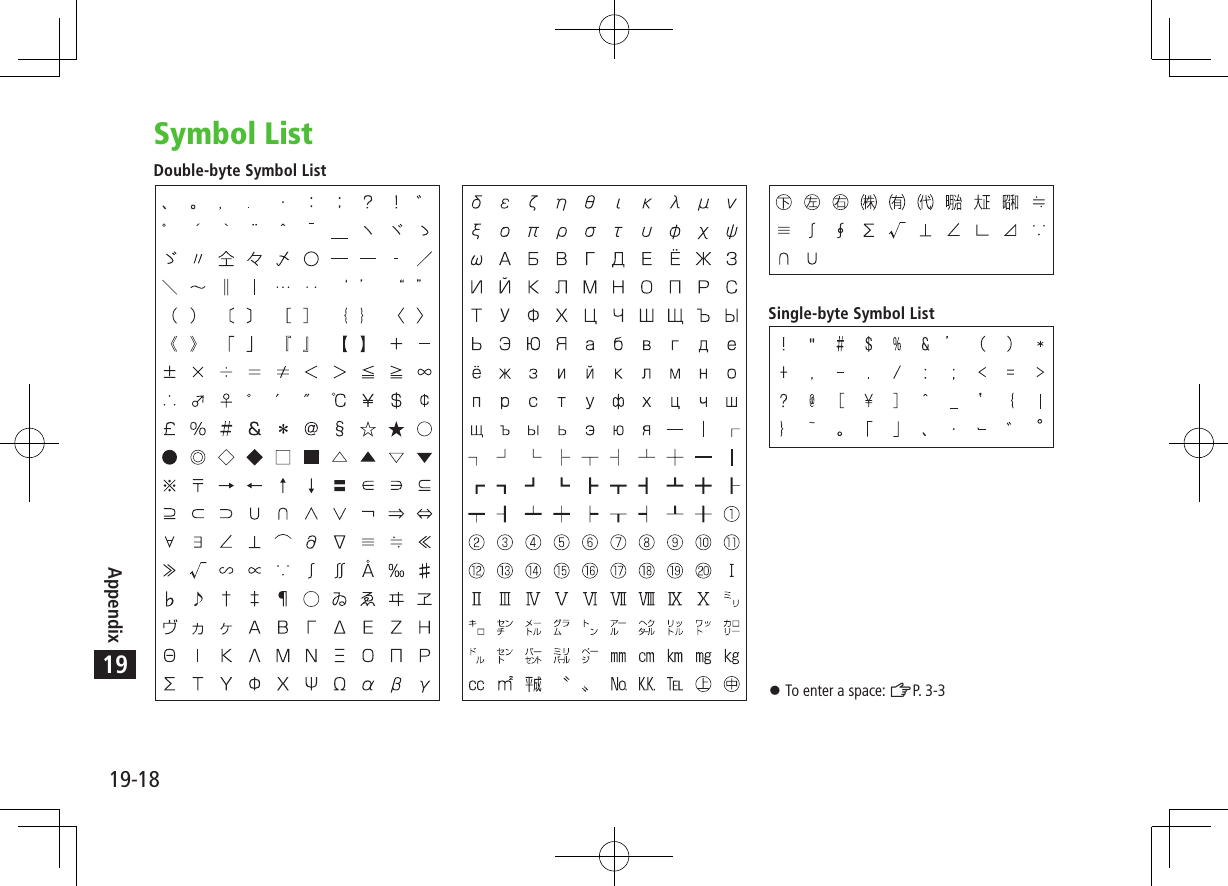 19-18Appendix19Symbol List&amp;Double-byte Symbol ListSingle-byte Symbol List 󱛠To enter a space: ZP. 3-3