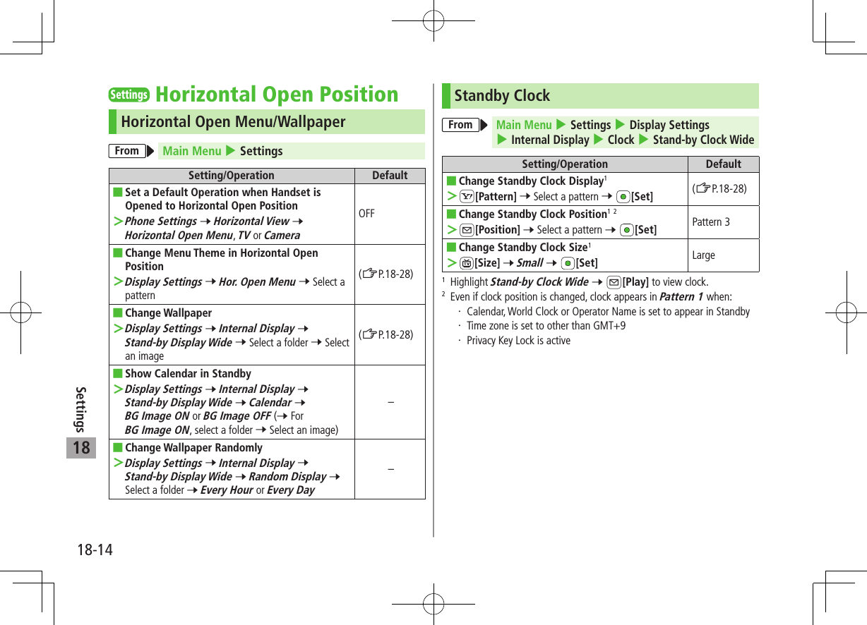 18-14Settings18SettingsHorizontal Open PositionHorizontal Open Menu/WallpaperFrom Main Menu 4 SettingsSetting/Operation Default ■Set a Default Operation when Handset is Opened to Horizontal Open Position ＞Phone Settings 7 Horizontal View 7 Horizontal Open Menu, TV or CameraOFF ■Change Menu Theme in Horizontal Open Position ＞Display Settings 7 Hor. Open Menu 7 Select a pattern(ZP.18-28) ■Change Wallpaper ＞Display Settings 7 Internal Display 7 Stand-by Display Wide 7 Select a folder 7 Select an image(ZP.18-28) ■Show Calendar in Standby ＞Display Settings 7 Internal Display 7 Stand-by Display Wide 7 Calendar 7 BG Image ON or BG Image OFF (7 For BG Image ON, select a folder 7 Select an image)– ■Change Wallpaper Randomly ＞Display Settings 7 Internal Display 7 Stand-by Display Wide 7 Random Display 7 Select a folder 7 Every Hour or Every Day–Standby ClockFromMain Menu 4 Settings 4 Display Settings 4 Internal Display 4 Clock 4 Stand-by Clock WideSetting/Operation Default ■Change Standby Clock Display1 ＞S[Pattern] 7 Select a pattern 7 [Set] (ZP.18-28) ■Change Standby Clock Position1 2 ＞A[Position] 7 Select a pattern 7 [Set] Pattern 3 ■Change Standby Clock Size1 ＞[Size] 7 Small 7 [Set] Large1   Highlight Stand-by Clock Wide 7 A[Play] to view clock.2   Even if clock position is changed, clock appears in Pattern 1 when:Calendar, World Clock or Operator Name is set to appear in StandbyTime zone is set to other than GMT+9Privacy Key Lock is active