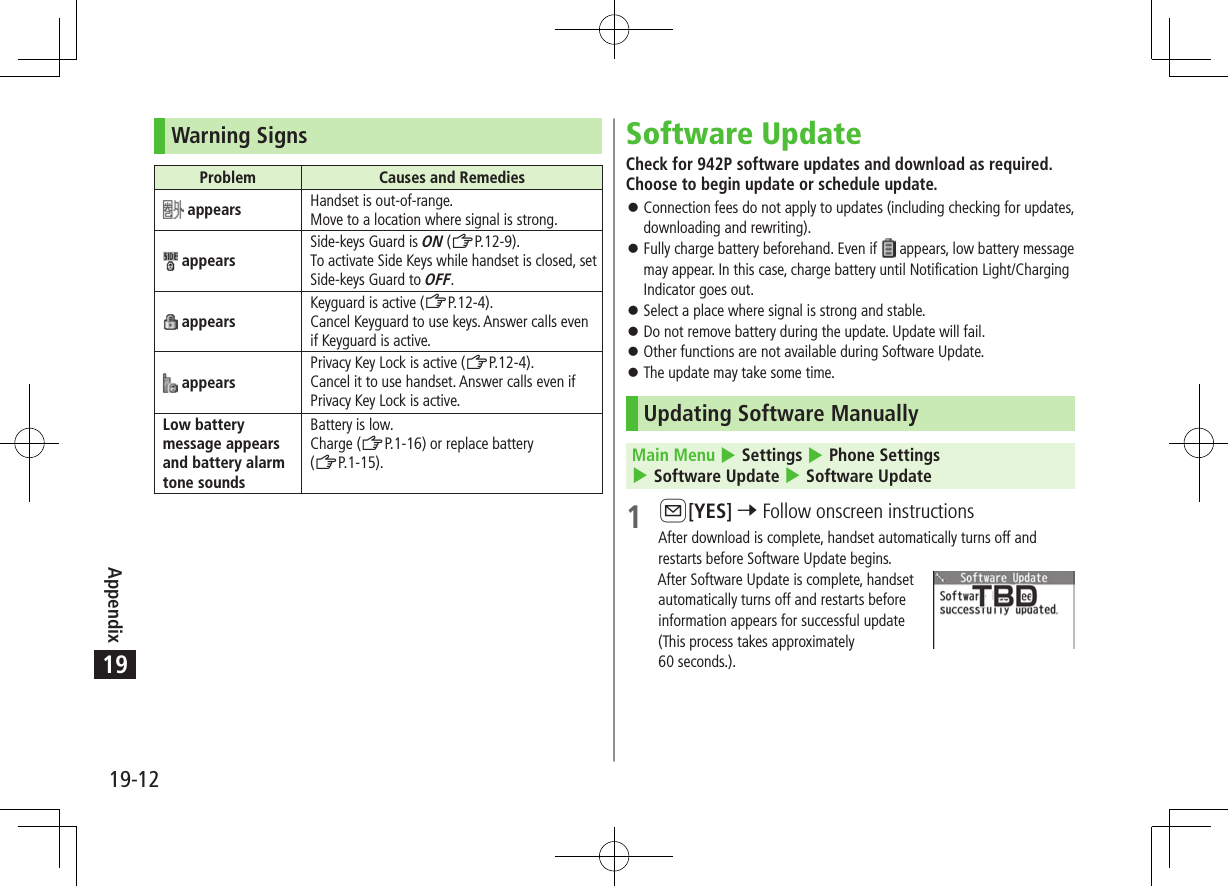 Appendix19-1219Warning SignsProblem Causes and Remedies appears Handset is out-of-range.Move to a location where signal is strong. appearsSide-keys Guard is ON (ZP.12-9).To activate Side Keys while handset is closed, setSide-keys Guard to OFF. appearsKeyguard is active (ZP.12-4).Cancel Keyguard to use keys. Answer calls even if Keyguard is active. appearsPrivacy Key Lock is active (ZP.12-4). Cancel it to use handset. Answer calls even if Privacy Key Lock is active.Low battery message appears and battery alarm tone soundsBattery is low.Charge (ZP.1-16) or replace battery (ZP.1-15).Software UpdateCheck for 942P software updates and download as required. Choose to begin update or schedule update. 󱛠Connection fees do not apply to updates (including checking for updates, downloading and rewriting). 󱛠Fully charge battery beforehand. Even if   appears, low battery message may appear. In this case, charge battery until Notification Light/Charging Indicator goes out. 󱛠Select a place where signal is strong and stable. 󱛠Do not remove battery during the update. Update will fail. 󱛠Other functions are not available during Software Update. 󱛠The update may take some time.Updating Software ManuallyMain Menu 4 Settings 4 Phone Settings 4 Software Update 4 Software Update1 A[YES] 7 Follow onscreen instructionsAfter download is complete, handset automatically turns off and restarts before Software Update begins.After Software Update is complete, handset automatically turns off and restarts before  information appears for successful update  (This process takes approximately  60 seconds.).