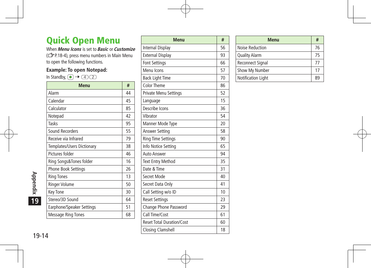19-14Appendix19Menu #Internal Display 56External Display 93Font Settings 66Menu Icons 57Back Light Time 70Color Theme 86Private Menu Settings 52Language 15Describe Icons 36Vibrator 54Manner Mode Type 20Answer Setting 58Ring Time Settings 90Info Notice Setting 65Auto Answer 94Text Entry Method 35Date &amp; Time 31Secret Mode 40Secret Data Only 41Call Setting w/o ID 10Reset Settings 23Change Phone Password 29Call Time/Cost 61Reset Total Duration/Cost 60Closing Clamshell 18Menu #Noise Reduction 76Quality Alarm 75Reconnect Signal 77Show My Number 17Notification Light 89Quick Open MenuWhen Menu Icons is set to Basic or Customize (ZP.18-4), press menu numbers in Main Menu to open the following functions.Example: To open Notepad:In Standby,  7 Menu #Alarm 44Calendar 45Calculator 85Notepad 42Tasks 95Sound Recorders 55Receive via Infrared 79Templates/Users Dictionary 38Pictures folder 46Ring Songs&amp;Tones folder 16Phone Book Settings 26Ring Tones 13Ringer Volume 50Key Tone 30Stereo/3D Sound 64Earphone/Speaker Settings 51Message Ring Tones 68