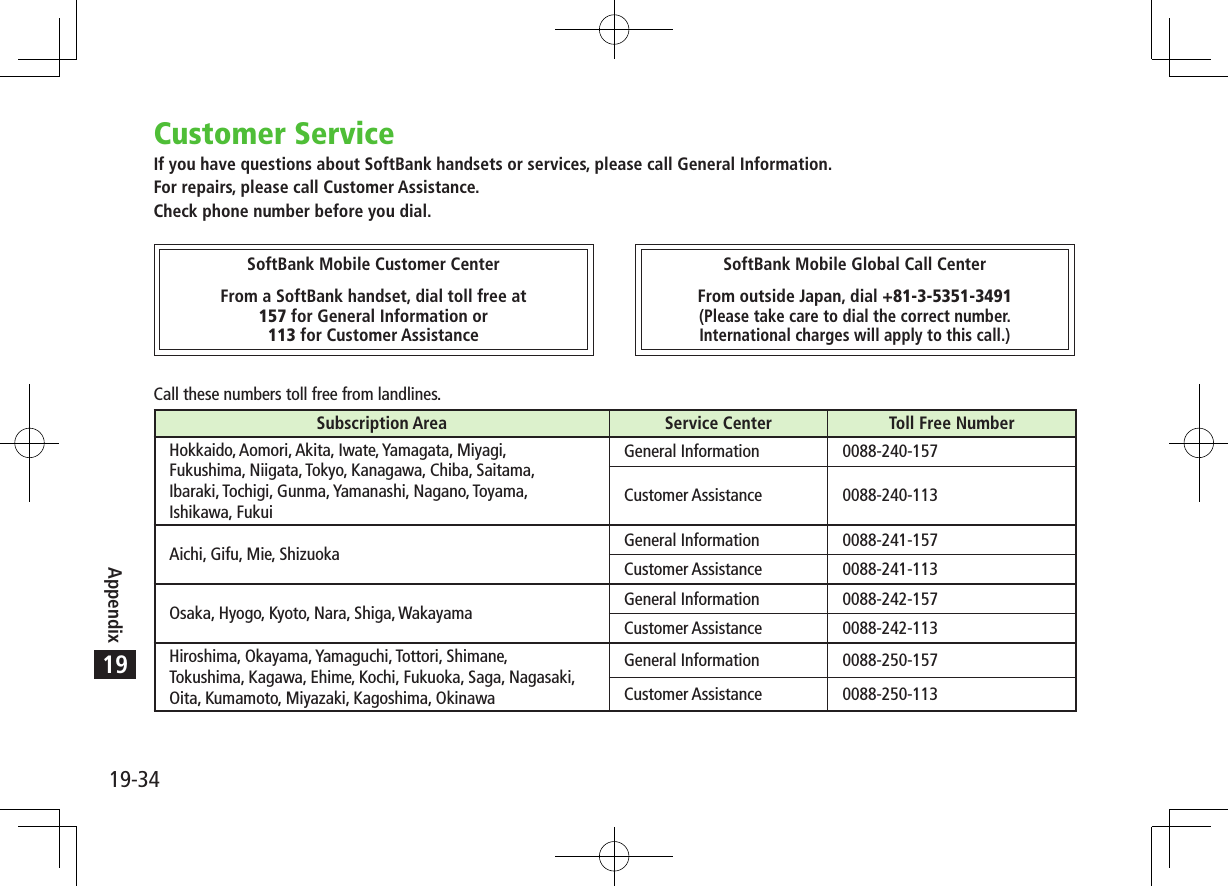 19-34Appendix19Customer ServiceIf you have questions about SoftBank handsets or services, please call General Information.For repairs, please call Customer Assistance.Check phone number before you dial.Call these numbers toll free from landlines.Subscription Area Service Center Toll Free NumberHokkaido, Aomori, Akita, Iwate, Yamagata, Miyagi,Fukushima, Niigata, Tokyo, Kanagawa, Chiba, Saitama,Ibaraki, Tochigi, Gunma, Yamanashi, Nagano, Toyama,Ishikawa, FukuiGeneral Information 0088-240-157Customer Assistance 0088-240-113Aichi, Gifu, Mie, Shizuoka General Information 0088-241-157Customer Assistance 0088-241-113Osaka, Hyogo, Kyoto, Nara, Shiga, Wakayama General Information 0088-242-157Customer Assistance 0088-242-113Hiroshima, Okayama, Yamaguchi, Tottori, Shimane,Tokushima, Kagawa, Ehime, Kochi, Fukuoka, Saga, Nagasaki,Oita, Kumamoto, Miyazaki, Kagoshima, OkinawaGeneral Information 0088-250-157Customer Assistance 0088-250-113SoftBank Mobile Customer CenterFrom a SoftBank handset, dial toll free at157 for General Information or113 for Customer AssistanceSoftBank Mobile Global Call CenterFrom outside Japan, dial +81-3-5351-3491(Please take care to dial the correct number.  International charges will apply to this call.)