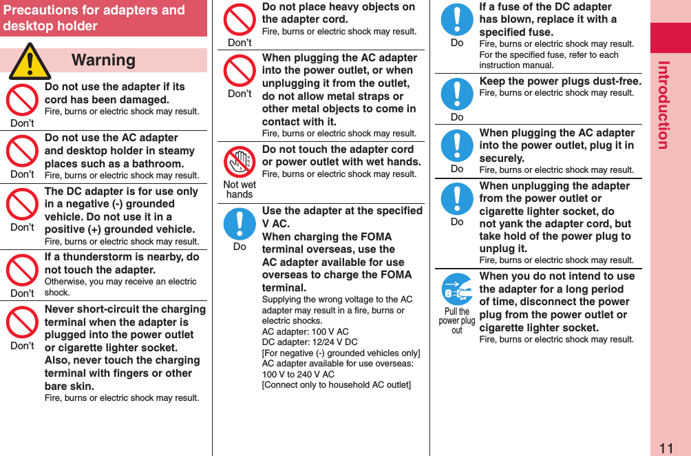 11IntroductionPrecautions for adapters and desktop holder  WarningDo not use the adapter if its cord has been damaged.Fire, burns or electric shock may result. Do not use the AC adapter and desktop holder in steamy places such as a bathroom.Fire, burns or electric shock may result.The DC adapter is for use only in a negative (-) grounded vehicle. Do not use it in a positive (+) grounded vehicle.Fire, burns or electric shock may result.If a thunderstorm is nearby, do not touch the adapter.Otherwise, you may receive an electric shock.Never short-circuit the charging terminal when the adapter is plugged into the power outlet or cigarette lighter socket. Also, never touch the charging terminal with ﬁngers or other bare skin.Fire, burns or electric shock may result.Do not place heavy objects on the adapter cord.Fire, burns or electric shock may result. When plugging the AC adapter into the power outlet, or when unplugging it from the outlet, do not allow metal straps or other metal objects to come in contact with it.Fire, burns or electric shock may result.Do not touch the adapter cord or power outlet with wet hands.Fire, burns or electric shock may result.  Use the adapter at the speciﬁed V AC. When charging the FOMA terminal overseas, use the AC adapter available for use overseas to charge the FOMA terminal.Supplying the wrong voltage to the AC adapter may result in a ﬁre, burns or electric shocks. AC adapter: 100 V AC DC adapter: 12/24 V DC [For negative (-) grounded vehicles only] AC adapter available for use overseas: 100 V to 240 V AC [Connect only to household AC outlet]If a fuse of the DC adapter has blown, replace it with a speciﬁed fuse.Fire, burns or electric shock may result. For the speciﬁed fuse, refer to each instruction manual.Keep the power plugs dust-free.Fire, burns or electric shock may result.  When plugging the AC adapter into the power outlet, plug it in securely.Fire, burns or electric shock may result.When unplugging the adapter from the power outlet or cigarette lighter socket, do not yank the adapter cord, but take hold of the power plug to unplug it.Fire, burns or electric shock may result.When you do not intend to use the adapter for a long period of time, disconnect the power plug from the power outlet or cigarette lighter socket.Fire, burns or electric shock may result.Don’tDon’tDon’tDon’tDon’tDon’tDon’tNot wethandsDoDoDoDoDoPull thepower plugout