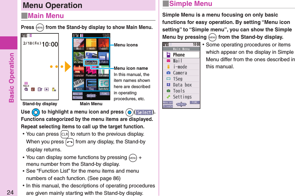 Basic Operation24Menu Operation■Main MenuPress +m from the Stand-by display to show Main Menu.Use +Mo to highlight a menu icon and press +Oo( ). Functions categorized by the menu items are displayed.  Repeat selecting items to call up the target function. ⿠You can press -r to return to the previous display.When you press -h from any display, the Stand-by display returns. ⿠You can display some functions by pressing +m + menu number from the Stand-by display. ⿠See “Function List” for the menu items and menu numbers of each function. (See page 86) ⿠In this manual, the descriptions of operating procedures are given mainly starting with the Stand-by display. Simple Menu is a menu focusing on only basic functions for easy operation. By setting “Menu icon setting” to “Simple menu”, you can show the Simple Menu by pressing +m from the Stand-by display. ⿠Some operating procedures or items which appear on the display in Simple Menu differ from the ones described in this manual.■Simple MenuMenu iconsMenu icon nameIn this manual, the item names shown here are described in operating procedures, etc.Stand-by display Main Menu