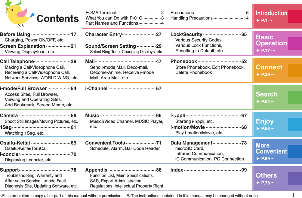1FOMA Terminal ····································2What You can Do with P-01C ···············3Part Names and Functions ··················4Precautions ··········································6Handling Precautions ························14Introduction󱚤P.1 Before Using ·····························17Charging, Power ON/OFF, etc.Screen Explanation ··················21Viewing Display/Icon, etc.Character Entry·························27Sound/Screen Setting ··············29Select Ring Tone, Changing Displays, etc.Lock/Security ····························35Various Security Codes,  Various Lock Functions,  Resetting to Default, etc.Basic Operation󱚤P.17 Call Telephone···························39Making a Call/Videophone Call, Receiving a Call/Videophone Call, Network Services, WORLD WING, etc.Mail ·············································47Send i-mode Mail, Deco-mail, Decome-Anime, Receive i-mode Mail, Area Mail, etc.Phonebook ································52Store Phonebook, Edit Phonebook, Delete Phonebook Connect󱚤P.39 i-mode/Full Browser ·················54Access Sites, Full Browser,  Viewing and Operating Sites, Add Bookmark, Screen Memo, etc.i-Channel ···································57Search󱚤P.54 Camera ······································58Shoot Still Images/Moving Pictures, etc.1Seg ···········································61Watching 1Seg, etc.Music ·········································65Music&amp;Video Channel, MUSIC Player, etc.i-αppli ·········································67Starting i-αppli, etc.i-motion/Movie ··························68Play i-motion/Movie, etc.Enjoy󱚤P.58 Osaifu-Keitai ·····························69Osaifu-Keitai/ToruCai-concier ·····································70Displaying i-concier, etc.Convenient Tools ······················71Schedule, Alarm, Bar Code ReaderData Management ·····················73microSD Card,  Infrared Communication,  iC Communication, PC ConnectionMore  Convenient󱚤P.69 Support ······································78Troubleshooting, Warranty and  After-sales Service, i-mode Fault Diagnosis Site, Updating Software, etc.Appendix ···································86Function List, Main Speciﬁcations, SAR, Export Administration Regulations, Intellectual Property RightIndex ··········································99Others󱚤P.78 ※It is prohibited to copy all or part of this manual without permission.    ※The instructions contained in this manual may be changed without notice.Contents