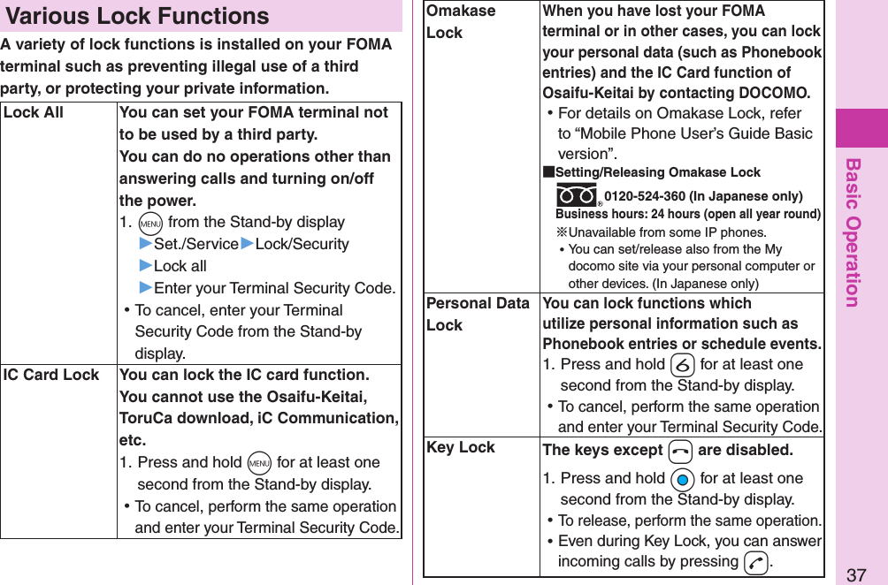 Basic Operation37Omakase LockWhen you have lost your FOMA terminal or in other cases, you can lock your personal data (such as Phonebook entries) and the IC Card function of Osaifu-Keitai by contacting DOCOMO. ⿠For details on Omakase Lock, refer to “Mobile Phone User’s Guide Basic version”. Setting/Releasing Omakase Lock0120-524-360 (In Japanese only)Business hours: 24 hours (open all year round)※Unavailable from some IP phones. ⿠You can set/release also from the My docomo site via your personal computer or other devices. (In Japanese only)Personal Data LockYou can lock functions which utilize personal information such as Phonebook entries or schedule events.1. Press and hold -6 for at least one second from the Stand-by display. ⿠To cancel, perform the same operation and enter your Terminal Security Code.Key Lock The keys except -h are disabled.1. Press and hold +Oo for at least one second from the Stand-by display. ⿠To release, perform the same operation. ⿠Even during Key Lock, you can answer incoming calls by pressing -d.Various Lock FunctionsA variety of lock functions is installed on your FOMA terminal such as preventing illegal use of a third party, or protecting your private information. Lock All You can set your FOMA terminal not to be used by a third party. You can do no operations other than answering calls and turning on/off the power.1. +m from the Stand-by display▶Set./Service▶Lock/Security▶Lock all▶Enter your Terminal Security Code. ⿠To cancel, enter your Terminal Security Code from the Stand-by display.IC Card Lock You can lock the IC card function.You cannot use the Osaifu-Keitai, ToruCa download, iC Communication, etc.1. Press and hold -m for at least one second from the Stand-by display. ⿠To cancel, perform the same operation and enter your Terminal Security Code.