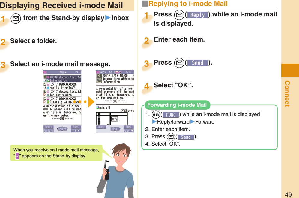 49Connect Displaying Received i-mode Mail+l from the Stand-by display▶Inbox+l+1Select a folder.Select a folder.2Select an i-mode mail message.Select an i-mode mail message.3When you receive an i-mode mail message, “” appears on the Stand-by display.Press +l( ) while an i-mode mail is displayed.Press is displayed.1■ Replying to i-mode MailEnter each item.Enter each item.2Press +l( ).Press 3Select “OK”.Select “OK”.41. +i( ) while an i-mode mail is displayed▶Reply/forward▶Forward2. Enter each item.3. Press +l().4. Select “OK”. Forwarding i-mode Mail