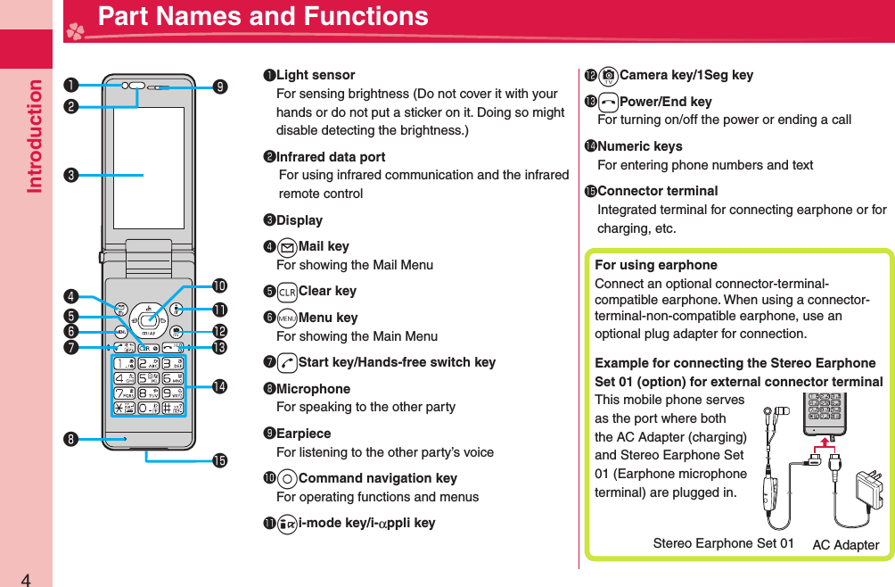 Introduction4  Part Names and Functions󰝟󰝠󰝡󰝤󰝥󰝧󰝦󱀓󱀔󱀕󱀖󱀗󱀘󰝣󰝢󰝟 Light sensorFor sensing brightness (Do not cover it with your hands or do not put a sticker on it. Doing so might disable detecting the brightness.)󰝠 Infrared data portFor using infrared communication and the infrared remote control󰝡 Display󰝢+lMail keyFor showing the Mail Menu󰝣+rClear key󰝤+mMenu keyFor showing the Main Menu󰝥+dStart key/Hands-free switch key󰝦MicrophoneFor speaking to the other party󰝧EarpieceFor listening to the other party’s voice󱀓+oCommand navigation keyFor operating functions and menus󱀔+ii-mode key/i-αppli key󱀕+cCamera key/1Seg key󱀖+hPower/End keyFor turning on/off the power or ending a call󱀗 Numeric keysFor entering phone numbers and text󱀘 Connector terminalIntegrated terminal for connecting earphone or for charging, etc.For using  earphoneConnect an optional connector-terminal-compatible earphone. When using a connector-terminal-non-compatible earphone, use an optional plug adapter for connection.Example for connecting the Stereo Earphone Set 01 (option) for external connector terminalThis mobile phone serves as the port where both the AC Adapter (charging) and Stereo Earphone Set 01 (Earphone microphone terminal) are plugged in.AC AdapterStereo Earphone Set 01