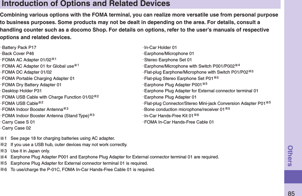 85OthersIntroduction of Options and Related DevicesCombining various options with the FOMA terminal, you can realize more versatile use from personal purpose to business purposes. Some products may not be dealt in depending on the area. For details, consult a handling counter such as a docomo Shop. For details on options, refer to the user’s manuals of respective options and related devices.・Battery Pack P17・Back Cover P46・FOMA AC Adapter 01/02※1・FOMA AC Adapter 01 for Global use※1・FOMA DC Adapter 01/02・FOMA Portable Charging Adapter 01・FOMA Dry Battery Adapter 01・Desktop Holder P31・FOMA USB Cable with Charge Function 01/02※2・FOMA USB Cable※2・FOMA Indoor Booster Antenna※3・FOMA Indoor Booster Antenna (Stand Type)※3・Carry Case S 01・Carry Case 02・In-Car Holder 01・Earphone/Microphone 01・Stereo Earphone Set 01・Earphone/Microphone with Switch P001/P002※4・Flat-plug Earphone/Microphone with Switch P01/P02※5・Flat-plug Stereo Earphone Set P01※5・Earphone Plug Adapter P001※5・Earphone Plug Adapter for External connector terminal 01・Earphone Plug Adapter 01・Flat-plug Connector/Stereo Mini-jack Conversion Adapter P01※5・Bone conduction microphone/receiver 01※5・In-Car Hands-Free Kit 01※6・FOMA In-Car Hands-Free Cable 01※1  See page 18 for charging batteries using AC adapter.※2  If you use a USB hub, outer devices may not work correctly.※3  Use it in Japan only.※4  Earphone Plug Adapter P001 and Earphone Plug Adapter for External connector terminal 01 are required.※5  Earphone Plug Adapter for External connector terminal 01 is required.※6  To use/charge the P-01C, FOMA In-Car Hands-Free Cable 01 is required.