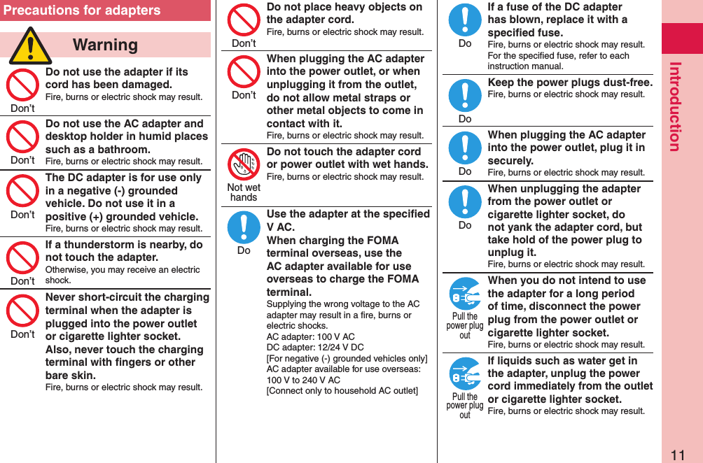 11IntroductionPrecautions for adapters  WarningDo not use the adapter if its cord has been damaged.Fire, burns or electric shock may result. Do not use the AC adapter and desktop holder in humid places such as a bathroom.Fire, burns or electric shock may result.The DC adapter is for use only in a negative (-) grounded vehicle. Do not use it in a positive (+) grounded vehicle.Fire, burns or electric shock may result.If a thunderstorm is nearby, do not touch the adapter.Otherwise, you may receive an electric shock.Never short-circuit the charging terminal when the adapter is plugged into the power outlet or cigarette lighter socket. Also, never touch the charging terminal with ﬁngers or other bare skin.Fire, burns or electric shock may result.Do not place heavy objects on the adapter cord.Fire, burns or electric shock may result. When plugging the AC adapter into the power outlet, or when unplugging it from the outlet, do not allow metal straps or other metal objects to come in contact with it.Fire, burns or electric shock may result.Do not touch the adapter cord or power outlet with wet hands.Fire, burns or electric shock may result.  Use the adapter at the speciﬁed V AC. When charging the FOMA terminal overseas, use the AC adapter available for use overseas to charge the FOMA terminal.Supplying the wrong voltage to the AC adapter may result in a ﬁre, burns or electric shocks. AC adapter: 100 V AC DC adapter: 12/24 V DC [For negative (-) grounded vehicles only] AC adapter available for use overseas: 100 V to 240 V AC [Connect only to household AC outlet]If a fuse of the DC adapter has blown, replace it with a speciﬁed fuse.Fire, burns or electric shock may result. For the speciﬁed fuse, refer to each instruction manual.Keep the power plugs dust-free.Fire, burns or electric shock may result.  When plugging the AC adapter into the power outlet, plug it in securely.Fire, burns or electric shock may result.When unplugging the adapter from the power outlet or cigarette lighter socket, do not yank the adapter cord, but take hold of the power plug to unplug it.Fire, burns or electric shock may result.When you do not intend to use the adapter for a long period of time, disconnect the power plug from the power outlet or cigarette lighter socket.Fire, burns or electric shock may result.If liquids such as water get in the adapter, unplug the power cord immediately from the outlet or cigarette lighter socket.Fire, burns or electric shock may result. Don’tDon’tDon’tDon’tDon’tDon’tDon’tNot wethandsDoDoDoDoDoPull thepower plugoutPull thepower plugout