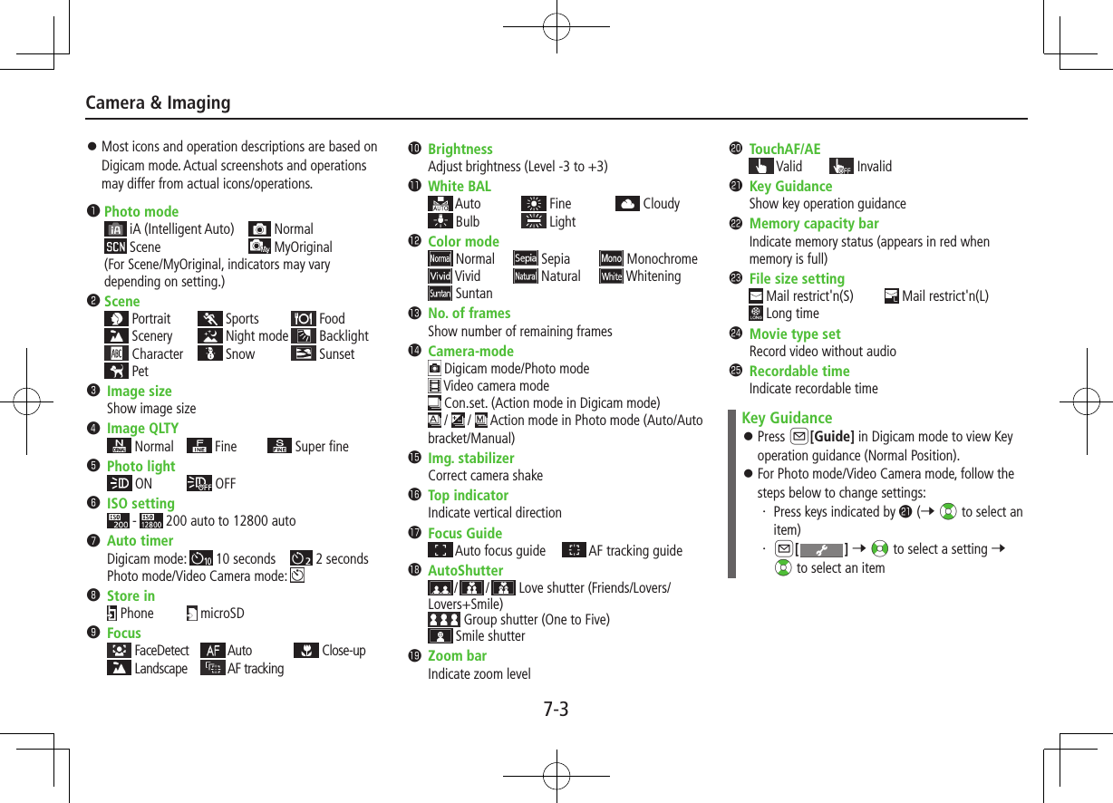 Camera &amp; Imaging7-3 ⿟Most icons and operation descriptions are based on Digicam mode. Actual screenshots and operations may differ from actual icons/operations.❶Photo mode iA (Intelligent Auto)   Normal Scene   MyOriginal(For Scene/MyOriginal, indicators may vary depending on setting.)◦❷Scene Portrait  Sports  Food  Scenery  Night mode  Backlight  Character  Snow  Sunset  Pet❸Image sizeShow image size❹Image QLTY Normal   Fine   Super fine❺Photo light ON   OFF❻ISO setting -   200 auto to 12800 auto❼Auto timerDigicam mode:   10 seconds   2 secondsPhoto mode/Video Camera mode: ❽Store in Phone   microSD❾Focus FaceDetect   Auto   Close-up  Landscape   AF tracking󱀓BrightnessAdjust brightness (Level -3 to +3)󱀔White BAL Auto   Fine   Cloudy  Bulb   Light󱀕Color mode Normal   Sepia   Monochrome  Vivid   Natural   Whitening  Suntan󱀖No. of framesShow number of remaining frames󱀗Camera-mode Digicam mode/Photo mode  Video camera mode Con.set. (Action mode in Digicam mode)   /   /   Action mode in Photo mode (Auto/Auto bracket/Manual)󱀘Img. stabilizerCorrect camera shake󱀙Top indicatorIndicate vertical direction󱀚Focus Guide Auto focus guide   AF tracking guide󱀛AutoShutter/ /  Love shutter (Friends/Lovers/Lovers+Smile) Group shutter (One to Five) Smile shutter󱀜Zoom barIndicate zoom level󱀝TouchAF/AE Valid   Invalid  󱀞Key GuidanceShow key operation guidance󱀟Memory capacity barIndicate memory status (appears in red when memory is full)󱀠File size setting Mail restrict&apos;n(S)   Mail restrict&apos;n(L)  Long time󱀡Movie type setRecord video without audio󱀢Recordable timeIndicate recordable timeKey Guidance ⿟Press A[Guide] in Digicam mode to view Key operation guidance (Normal Position). ⿟For Photo mode/Video Camera mode, follow the steps below to change settings:・ Press keys indicated by 󱀞.(7 ?z to select an item)・ A[] 7 &lt;z to select a setting 7 ?z to select an item