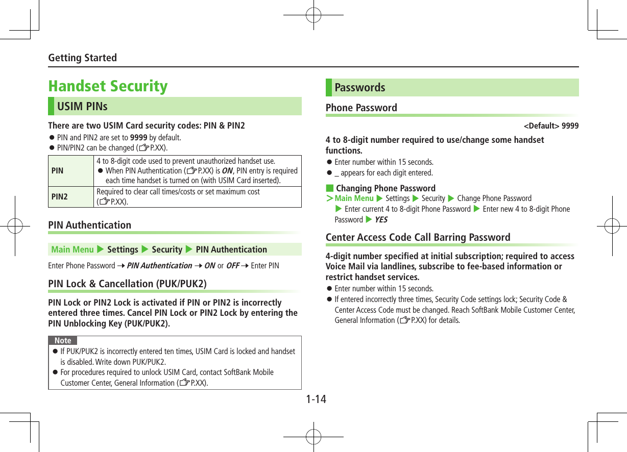 1-14Getting StartedHandset SecurityUSIM PINsThere are two USIM Card security codes: PIN &amp; PIN2 ⿟PIN and PIN2 are set to 9999 by default. ⿟PIN/PIN2 can be changed (ZP.XX).PIN4 to 8-digit code used to prevent unauthorized handset use. ⿟When PIN Authentication (ZP.XX) is ON, PIN entry is required each time handset is turned on (with USIM Card inserted).PIN2 Required to clear call times/costs or set maximum cost  (ZP.XX).PIN AuthenticationMain Menu 4 Settings 4 Security 4 PIN AuthenticationEnter Phone Password 7 PIN Authentication 7 ON or OFF 7 Enter PINPIN Lock &amp; Cancellation (PUK/PUK2)PIN Lock or PIN2 Lock is activated if PIN or PIN2 is incorrectly entered three times. Cancel PIN Lock or PIN2 Lock by entering the PIN Unblocking Key (PUK/PUK2).Note ⿟If PUK/PUK2 is incorrectly entered ten times, USIM Card is locked and handset is disabled. Write down PUK/PUK2. ⿟For procedures required to unlock USIM Card, contact SoftBank Mobile Customer Center, General Information (ZP.XX).PasswordsPhone Password&lt;Default&gt; 99994 to 8-digit number required to use/change some handset functions. ⿟Enter number within 15 seconds. ⿟_ appears for each digit entered. ■Changing Phone Password Main Menu 4 Settings 4 Security 4 Change Phone Password 4 Enter current 4 to 8-digit Phone Password 4 Enter new 4 to 8-digit Phone Password 4 YESCenter Access Code Call Barring Password4-digit number specified at initial subscription; required to access Voice Mail via landlines, subscribe to fee-based information or restrict handset services. ⿟Enter number within 15 seconds. ⿟If entered incorrectly three times, Security Code settings lock; Security Code &amp; Center Access Code must be changed. Reach SoftBank Mobile Customer Center, General Information (ZP.XX) for details.