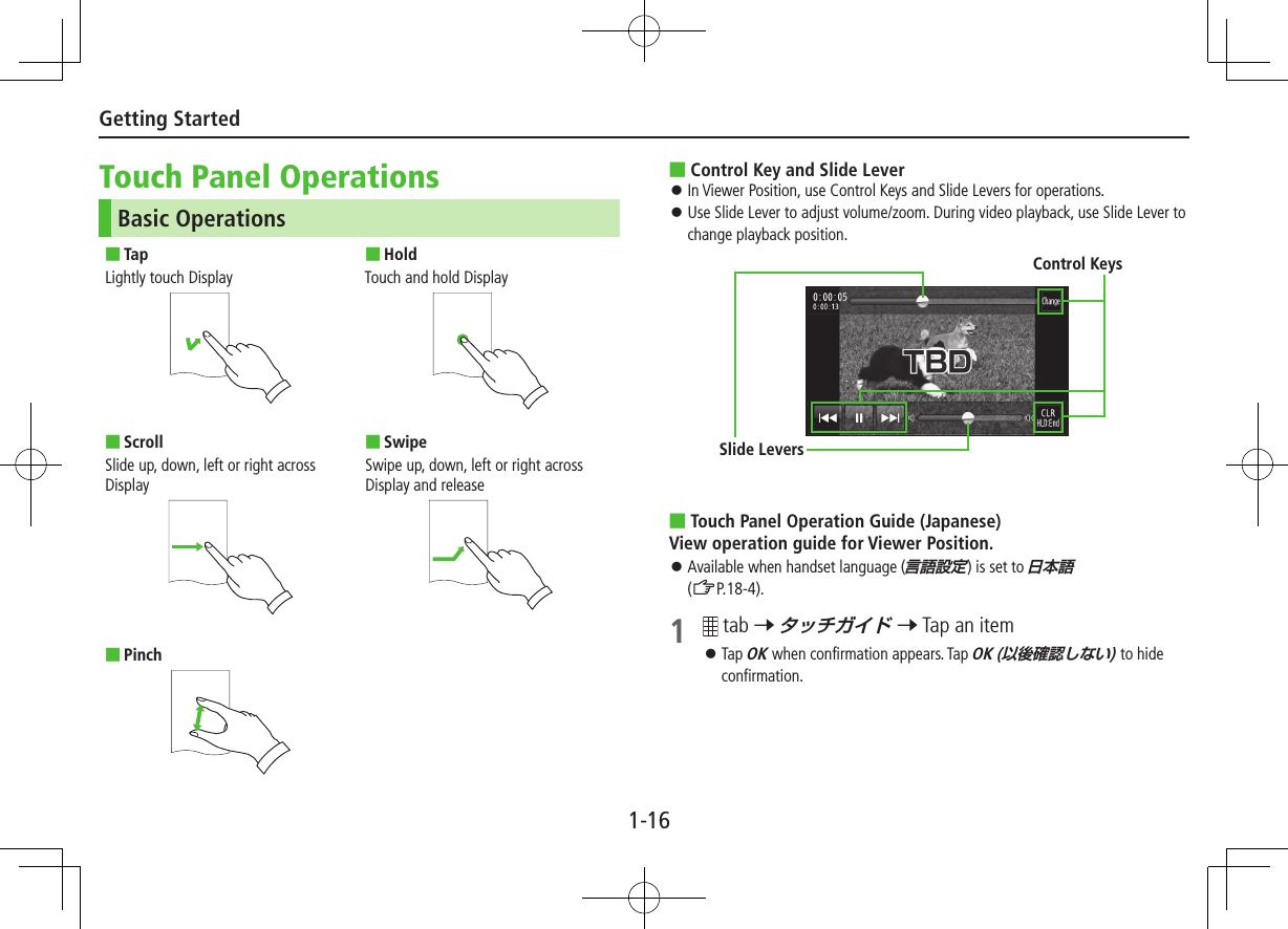 1-16Getting StartedTouch Panel OperationsBasic Operations TapLightly touch Display HoldTouch and hold Display ScrollSlide up, down, left or right across Display SwipeSwipe up, down, left or right across Display and release Pinch ■Control Key and Slide Lever ⿟In Viewer Position, use Control Keys and Slide Levers for operations. ⿟Use Slide Lever to adjust volume/zoom. During video playback, use Slide Lever to change playback position. ■Touch Panel Operation Guide (Japanese)View operation guide for Viewer Position. ⿟Available when handset language () is set to  (ZP.18-4).1  tab 7  7 Tap an item ⿟Tap OK when confirmation appears. Tap OK () to hide confirmation. Control KeysSlide Levers