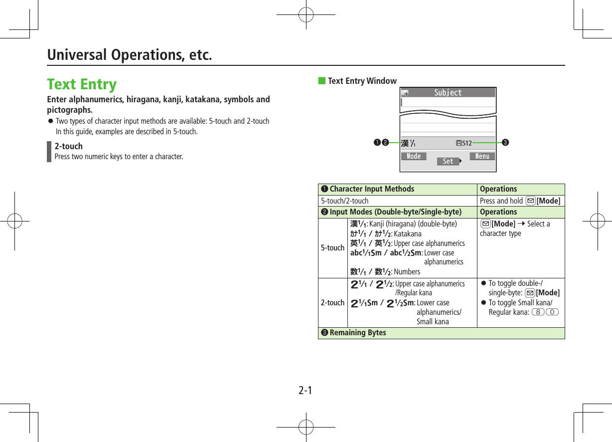 2-1Text EntryEnter alphanumerics, hiragana, kanji, katakana, symbols and pictographs. ⿟Two types of character input methods are available: 5-touch and 2-touch In this guide, examples are described in 5-touch.2-touchPress two numeric keys to enter a character. ■Text Entry Window󱄌󰝟 Character Input Methods Operations5-touch/2-touch Press and hold A[Mode]󱄌󰝠 Input Modes (Double-byte/Single-byte) Operations5-touch1/1: Kanji (hiragana) (double-byte)1/11/2: Katakana1/11/2:  Upper case alphanumericsabc1/1Smabc1/2Sm:  Lower case alphanumerics1/11/2: NumbersA[Mode] 7 Select a character type2-touch1/1 1/2:  Upper case alphanumerics/Regular kana1/1Sm 1/2Sm:  Lower case alphanumerics/Small kana ⿟To toggle double-/single-byte: A[Mode] ⿟To toggle Small kana/Regular kana: IP󱄌󰝡 Remaining Bytes󰝟󰝠 󰝡Universal Operations, etc.