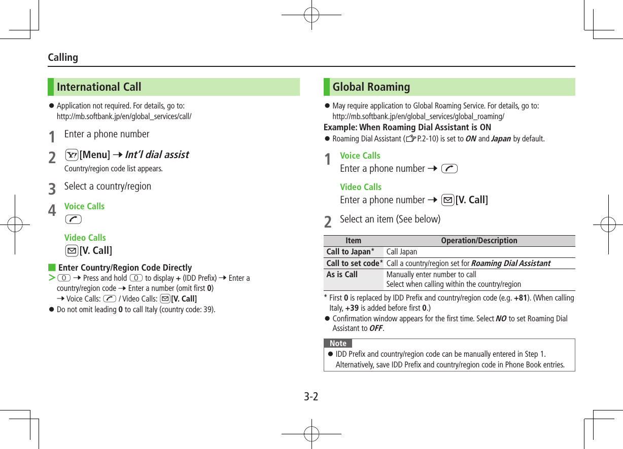 3-2CallingInternational Call ⿟Application not required. For details, go to: http://mb.softbank.jp/en/global_services/call/1  Enter a phone number2 S[Menu] 7 Int’l dial assistCountry/region code list appears.3  Select a country/region4  Voice CallsJ  Video CallsA[V. Call] ■Enter Country/Region Code Directly P 7 Press and hold P to display + (IDD Prefix) 7 Enter a country/region code 7 Enter a number (omit first 0) 7 Voice Calls: J / Video Calls: A[V. Call] ⿟Do not omit leading 0 to call Italy (country code: 39).Global Roaming ⿟May require application to Global Roaming Service. For details, go to:http://mb.softbank.jp/en/global_services/global_roaming/Example: When Roaming Dial Assistant is ON ⿟Roaming Dial Assistant (ZP.2-10) is set to ON and Japan by default.1  Voice CallsEnter a phone number 7 J  Video CallsEnter a phone number 7 A[V. Call]2  Select an item (See below)Item Operation/DescriptionCall to Japan* Call Japan Call to set code* Call a country/region set for Roaming Dial AssistantAs is Call Manually enter number to callSelect when calling within the country/region* First 0 is replaced by IDD Prefix and country/region code (e.g. +81). (When calling Italy, +39 is added before first 0.) ⿟Confirmation window appears for the first time. Select NO to set Roaming Dial Assistant to OFF.Note ⿟IDD Prefix and country/region code can be manually entered in Step 1. Alternatively, save IDD Prefix and country/region code in Phone Book entries.