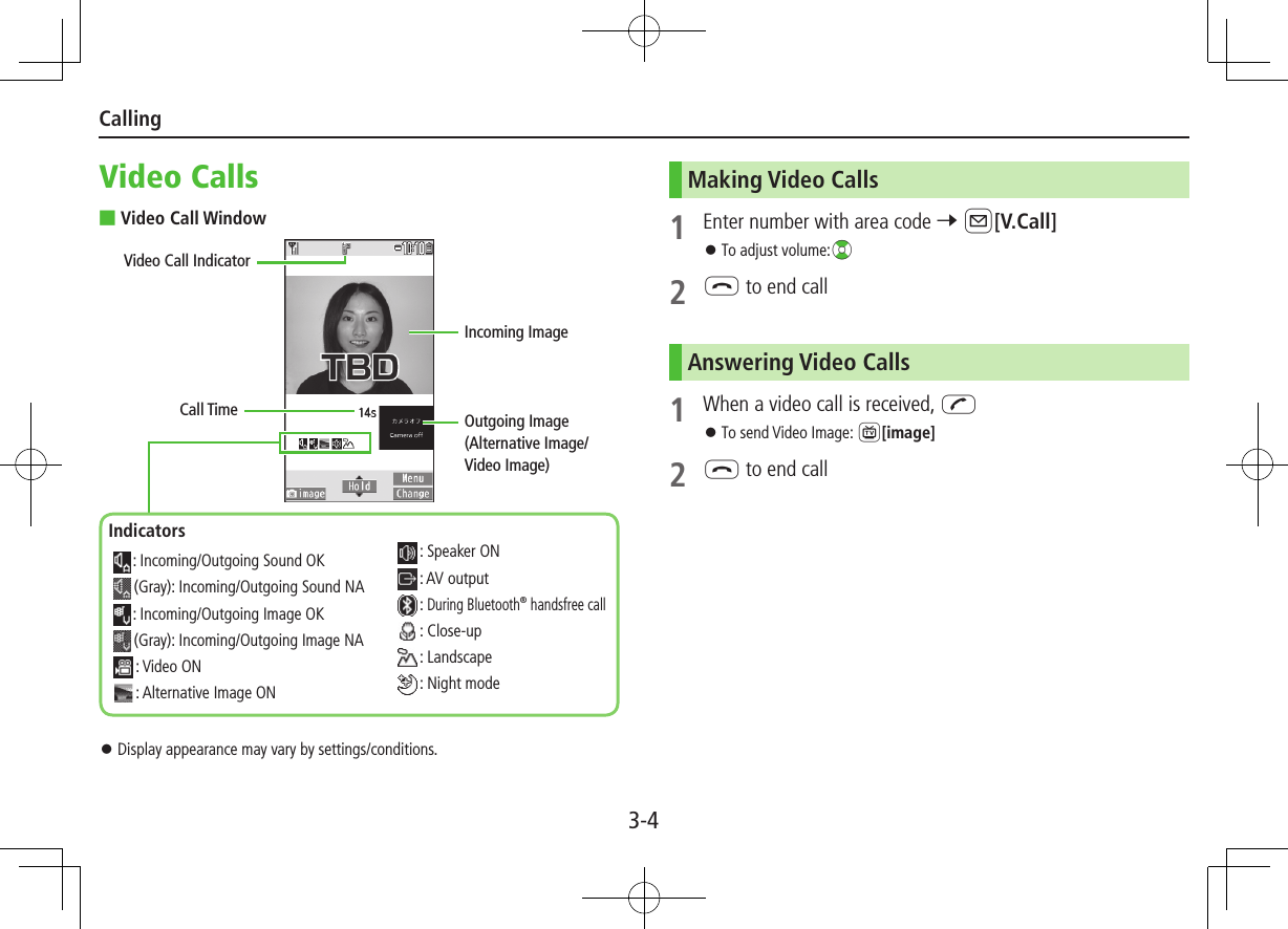 3-4CallingVideo Calls ■Video Call Window ⿟Display appearance may vary by settings/conditions.Call TimeVideo Call IndicatorIncoming ImageOutgoing Image (Alternative Image/Video Image)Indicators :  Incoming/Outgoing Sound OK  (Gray): Incoming/Outgoing Sound NA :  Incoming/Outgoing Image OK  (Gray): Incoming/Outgoing Image NA : Video ON : Alternative Image ON : Speaker ON : AV output : During Bluetooth® handsfree call : Close-up : Landscape : Night modeMaking Video Calls1  Enter number with area code 7 A[V.Call] ⿟To adjust volume:?z2 L to end callAnswering Video Calls1  When a video call is received, J ⿟To send Video Image: 1[image]2 L to end call