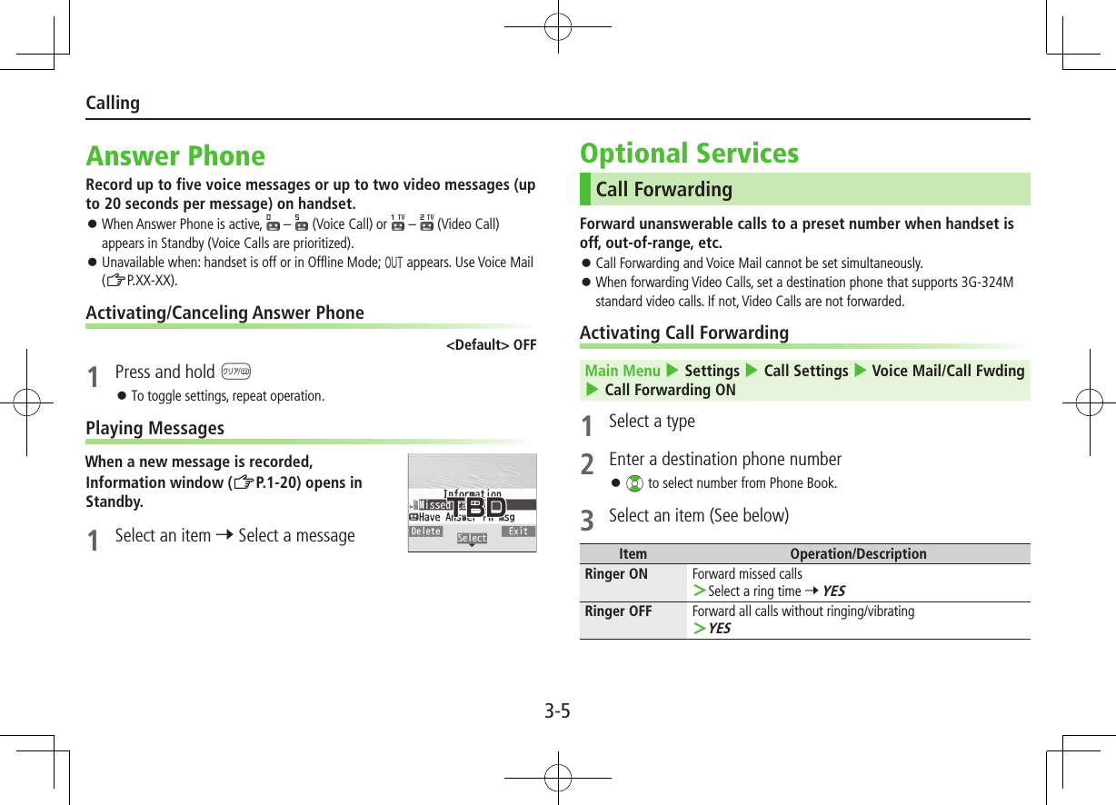 3-5CallingAnswer PhoneRecord up to five voice messages or up to two video messages (up to 20 seconds per message) on handset. ⿟When Answer Phone is active,   –   (Voice Call) or   –  (Video Call) appears in Standby (Voice Calls are prioritized). ⿟Unavailable when: handset is off or in Offline Mode;   appears. Use Voice Mail (ZP.XX-XX).Activating/Canceling Answer Phone&lt;Default&gt; OFF1  Press and hold K ⿟To toggle settings, repeat operation.Playing MessagesWhen a new message is recorded,Information window (ZP.1-20) opens in Standby.1  Select an item 7 Select a messageOptional ServicesCall ForwardingForward unanswerable calls to a preset number when handset is off, out-of-range, etc. ⿟Call Forwarding and Voice Mail cannot be set simultaneously. ⿟When forwarding Video Calls, set a destination phone that supports 3G-324M standard video calls. If not, Video Calls are not forwarded.Activating Call ForwardingMain Menu 4 Settings 4 Call Settings 4 Voice Mail/Call Fwding 4 Call Forwarding ON1  Select a type2  Enter a destination phone number ⿟?z to select number from Phone Book.3  Select an item (See below)Item Operation/DescriptionRinger ON Forward missed calls Select a ring time 7 YESRinger OFF Forward all calls without ringing/vibrating YES