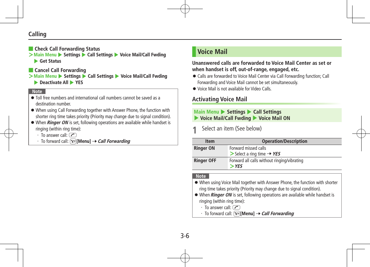 3-6Calling ■Check Call Forwarding Status  Main Menu 4 Settings 4 Call Settings 4 Voice Mail/Call Fwding 4 Get Status  ■Cancel Call Forwarding  Main Menu 4 Settings 4 Call Settings 4 Voice Mail/Call Fwding 4 Deactivate All 4 YESNote ⿟Toll free numbers and international call numbers cannot be saved as a destination number. ⿟When using Call Forwarding together with Answer Phone, the function with shorter ring time takes priority (Priority may change due to signal condition). ⿟When Ringer ON is set, following operations are available while handset is ringing (within ring time):・ To answer call: J・ To forward call: S[Menu] 7 Call ForwardingVoice MailUnanswered calls are forwarded to Voice Mail Center as set or when handset is off, out-of-range, engaged, etc. ⿟Calls are forwarded to Voice Mail Center via Call Forwarding function; Call Forwarding and Voice Mail cannot be set simultaneously. ⿟Voice Mail is not available for Video Calls.Activating Voice MailMain Menu 4 Settings 4 Call Settings 4 Voice Mail/Call Fwding 4 Voice Mail ON1  Select an item (See below)Item Operation/DescriptionRinger ON Forward missed calls Select a ring time 7 YESRinger OFF Forward all calls without ringing/vibrating YESNote ⿟When using Voice Mail together with Answer Phone, the function with shorter ring time takes priority (Priority may change due to signal condition). ⿟When Ringer ON is set, following operations are available while handset is ringing (within ring time):・ To answer call: J・ To forward call: S[Menu] 7 Call Forwarding