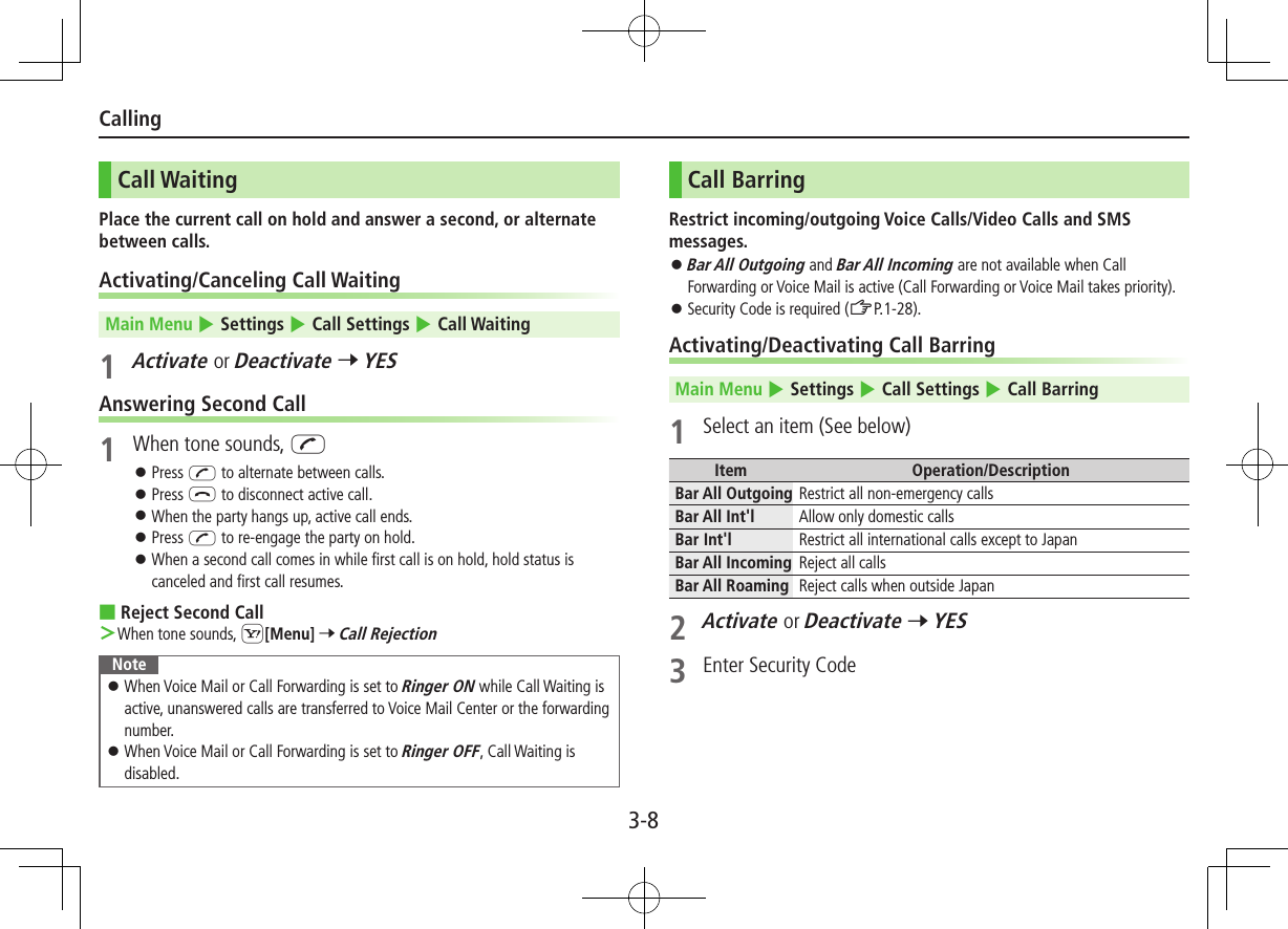 3-8CallingCall WaitingPlace the current call on hold and answer a second, or alternate between calls.Activating/Canceling Call WaitingMain Menu 4 Settings 4 Call Settings 4 Call Waiting1 Activate or Deactivate 7 YESAnswering Second Call1  When tone sounds, J ⿟Press J to alternate between calls. ⿟Press L to disconnect active call. ⿟When the party hangs up, active call ends. ⿟Press J to re-engage the party on hold. ⿟When a second call comes in while first call is on hold, hold status is canceled and first call resumes. ■Reject Second Call When tone sounds, S[Menu] 7 Call RejectionNote ⿟When Voice Mail or Call Forwarding is set to Ringer ON while Call Waiting is active, unanswered calls are transferred to Voice Mail Center or the forwarding number. ⿟When Voice Mail or Call Forwarding is set to Ringer OFF, Call Waiting is disabled.Call BarringRestrict incoming/outgoing Voice Calls/Video Calls and SMS messages. ⿟Bar All Outgoing and Bar All Incoming are not available when Call Forwarding or Voice Mail is active (Call Forwarding or Voice Mail takes priority). ⿟Security Code is required (ZP.1-28).Activating/Deactivating Call BarringMain Menu 4 Settings 4 Call Settings 4 Call Barring1  Select an item (See below)Item Operation/DescriptionBar All Outgoing Restrict all non-emergency callsBar All Int&apos;l Allow only domestic callsBar Int&apos;l Restrict all international calls except to JapanBar All Incoming Reject all callsBar All Roaming Reject calls when outside Japan2 Activate or Deactivate 7 YES3  Enter Security Code