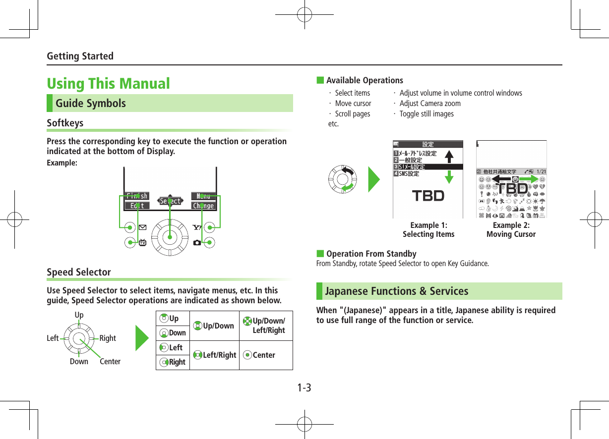 1-3Getting StartedUsing This ManualGuide SymbolsSoftkeysPress the corresponding key to execute the function or operation indicated at the bottom of Display.Example:Speed SelectorUse Speed Selector to select items, navigate menus, etc. In this guide, Speed Selector operations are indicated as shown below.&gt;zUp ?zUp/Down Xz Up/Down/Left/RightCzDownVzLeft &lt;zLeft/Right *zCenterNzRightLeft RightUpDown Center ■Available Operations・ Select items・ Move cursor・ Scroll pagesetc.・ Adjust volume in volume control windows・ Adjust Camera zoom・ Toggle still images ■Operation From StandbyFrom Standby, rotate Speed Selector to open Key Guidance.Japanese Functions &amp; ServicesWhen &quot;(Japanese)&quot; appears in a title, Japanese ability is required to use full range of the function or service.Example 1:Selecting ItemsExample 2:Moving Cursor