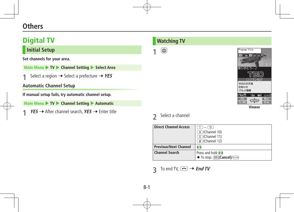 8-1Digital TVInitial SetupSet channels for your area.Main Menu 4 TV 4 Channel Setting 4 Select Area1  Select a region 7 Select a prefecture 7 YESAutomatic Channel SetupIf manual setup fails, try automatic channel setup.Main Menu 4 TV 4 Channel Setting 4 Automatic1 YES 7 After channel search, YES 7 Enter titleWatching TV1 12  Select a channelDirect Channel Access Q – OG(Channel 10)P(Channel 11)H(Channel 12)Previous/Next Channel &lt;zChannel Search Press and hold &lt;z ⿟To stop: A[Cancel]/K3  To end TV, L 7 End TVViewerOthers