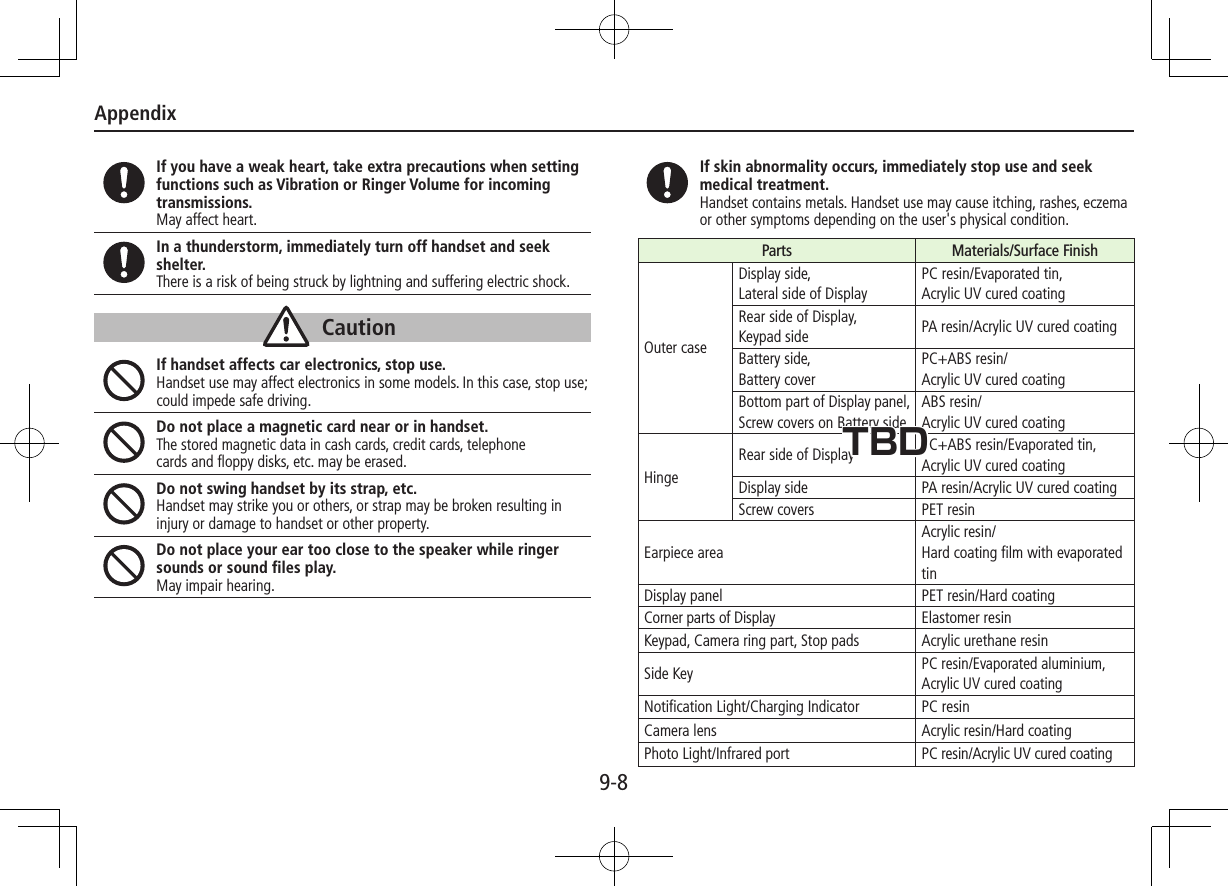 Appendix9-8If you have a weak heart, take extra precautions when setting functions such as Vibration or Ringer Volume for incoming transmissions.May affect heart.In a thunderstorm, immediately turn off handset and seek shelter.There is a risk of being struck by lightning and suffering electric shock.CautionIf handset affects car electronics, stop use.Handset use may affect electronics in some models. In this case, stop use; could impede safe driving.Do not place a magnetic card near or in handset.The stored magnetic data in cash cards, credit cards, telephonecards and floppy disks, etc. may be erased.Do not swing handset by its strap, etc.Handset may strike you or others, or strap may be broken resulting in injury or damage to handset or other property.Do not place your ear too close to the speaker while ringer sounds or sound files play.May impair hearing.If skin abnormality occurs, immediately stop use and seek medical treatment.Handset contains metals. Handset use may cause itching, rashes, eczema or other symptoms depending on the user&apos;s physical condition.Parts Materials/Surface FinishOuter caseDisplay side, Lateral side of DisplayPC resin/Evaporated tin, Acrylic UV cured coatingRear side of Display, Keypad side PA resin/Acrylic UV cured coatingBattery side,  Battery coverPC+ABS resin/ Acrylic UV cured coatingBottom part of Display panel, Screw covers on Battery sideABS resin/ Acrylic UV cured coatingHingeRear side of Display PC+ABS resin/Evaporated tin,  Acrylic UV cured coatingDisplay side PA resin/Acrylic UV cured coatingScrew covers PET resinEarpiece areaAcrylic resin/ Hard coating film with evaporated tinDisplay panel PET resin/Hard coatingCorner parts of Display Elastomer resinKeypad, Camera ring part, Stop pads Acrylic urethane resinSide KeyPC resin/Evaporated aluminium, Acrylic UV cured coatingNotification Light/Charging Indicator PC resinCamera lens Acrylic resin/Hard coatingPhoto Light/Infrared port PC resin/Acrylic UV cured coatingTBD