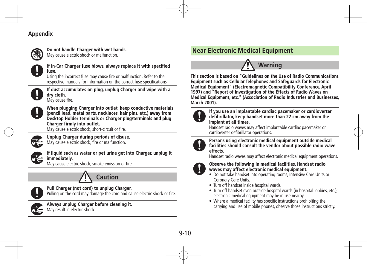 Appendix9-10Do not handle Charger with wet hands.May cause electric shock or malfunction.If In-Car Charger fuse blows, always replace it with specified fuse.Using the incorrect fuse may cause fire or malfunction. Refer to the respective manuals for information on the correct fuse specifications.If dust accumulates on plug, unplug Charger and wipe with a dry cloth.May cause fire.When plugging Charger into outlet, keep conductive materials (pencil lead, metal parts, necklaces, hair pins, etc.) away from Desktop Holder terminals or Charger plug/terminals and plug Charger firmly into outlet.May cause electric shock, short-circuit or fire.Unplug Charger during periods of disuse.May cause electric shock, fire or malfunction.If liquid such as water or pet urine get into Charger, unplug it immediately.May cause electric shock, smoke emission or fire.CautionPull Charger (not cord) to unplug Charger.Pulling on the cord may damage the cord and cause electric shock or fire.Always unplug Charger before cleaning it.May result in electric shock.Near Electronic Medical EquipmentWarningThis section is based on &quot;Guidelines on the Use of Radio Communications Equipment such as Cellular Telephones and Safeguards for Electronic Medical Equipment&quot; (Electromagnetic Compatibility Conference, April 1997) and &quot;Report of Investigation of the Effects of Radio Waves on Medical Equipment, etc.&quot; (Association of Radio Industries and Businesses, March 2001).If you use an implantable cardiac pacemaker or cardioverter defibrillator, keep handset more than 22 cm away from the implant at all times.Handset radio waves may affect implantable cardiac pacemaker or cardioverter defibrillator operations.Persons using electronic medical equipment outside medical facilities should consult the vendor about possible radio wave effects.Handset radio waves may affect electronic medical equipment operations.Observe the following in medical facilities. Handset radio waves may affect electronic medical equipment. • Do not take handset into operating rooms, Intensive Care Units or Coronary Care Units. • Turn off handset inside hospital wards. • Turn off handset even outside hospital wards (in hospital lobbies, etc.); electronic medical equipment may be in use nearby. • Where a medical facility has speciﬁc instructions prohibiting the carrying and use of mobile phones, observe those instructions strictly.