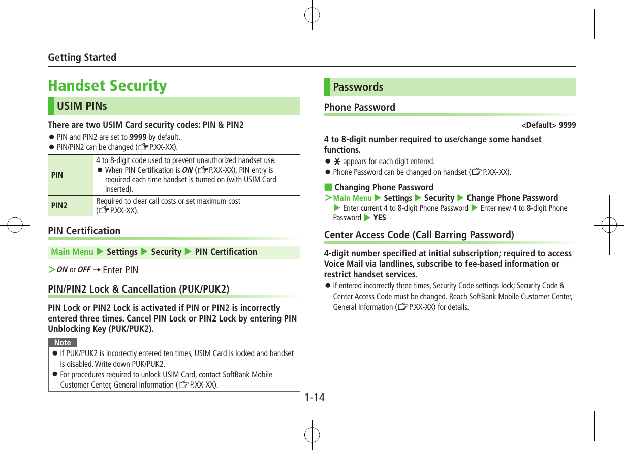 1-14Getting StartedHandset SecurityUSIM PINsThere are two USIM Card security codes: PIN &amp; PIN2 ⿟PIN and PIN2 are set to 9999 by default. ⿟PIN/PIN2 can be changed (ZP.XX-XX).PIN4 to 8-digit code used to prevent unauthorized handset use. ⿟When PIN Certification is ON (ZP.XX-XX), PIN entry is required each time handset is turned on (with USIM Card inserted).PIN2 Required to clear call costs or set maximum cost  (ZP.XX-XX).PIN CertificationMain Menu 4 Settings 4 Security 4 PIN Certification ＞ON or OFF 7 Enter PINPIN/PIN2 Lock &amp; Cancellation (PUK/PUK2)PIN Lock or PIN2 Lock is activated if PIN or PIN2 is incorrectly entered three times. Cancel PIN Lock or PIN2 Lock by entering PIN Unblocking Key (PUK/PUK2).Note ⿟If PUK/PUK2 is incorrectly entered ten times, USIM Card is locked and handset is disabled. Write down PUK/PUK2. ⿟For procedures required to unlock USIM Card, contact SoftBank Mobile Customer Center, General Information (ZP.XX-XX).PasswordsPhone Password&lt;Default&gt; 99994 to 8-digit number required to use/change some handset functions. ⿟e appears for each digit entered. ⿟Phone Password can be changed on handset (ZP.XX-XX). ■Changing Phone Password ＞Main Menu 4 Settings 4 Security 4 Change Phone Password4 Enter current 4 to 8-digit Phone Password 4 Enter new 4 to 8-digit Phone Password 4 YESCenter Access Code (Call Barring Password)4-digit number specified at initial subscription; required to access Voice Mail via landlines, subscribe to fee-based information or restrict handset services. ⿟If entered incorrectly three times, Security Code settings lock; Security Code &amp; Center Access Code must be changed. Reach SoftBank Mobile Customer Center, General Information (ZP.XX-XX) for details.