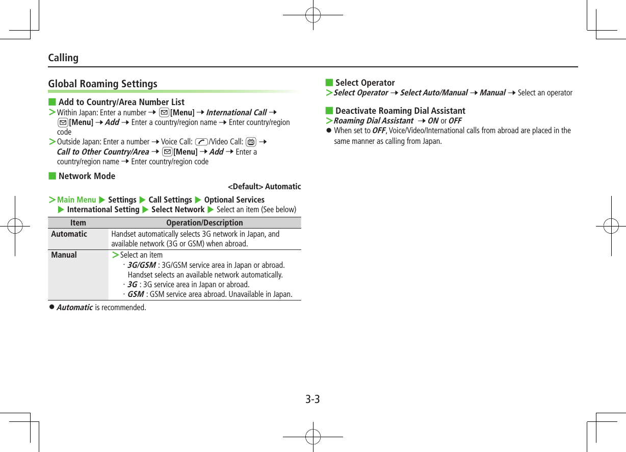 3-3CallingGlobal Roaming Settings ■Add to Country/Area Number List ＞Within Japan: Enter a number 7 A[Menu] 7 International Call 7 A[Menu] 7 Add 7 Enter a country/region name 7 Enter country/region code ＞Outside Japan: Enter a number 7 Voice Call: J/Video Call: 1 7 Call to Other Country/Area 7 A[Menu] 7 Add 7 Enter a country/region name 7 Enter country/region code ■Network Mode&lt;Default&gt; Automatic ＞Main Menu 4 Settings 4 Call Settings 4 Optional Services 4 International Setting 4 Select Network 4 Select an item (See below)Item Operation/DescriptionAutomatic Handset automatically selects 3G network in Japan, and available network (3G or GSM) when abroad.Manual  ＞Select an item・3G/GSM : 3G/GSM service area in Japan or abroad.Handset selects an available network automatically.・3G : 3G service area in Japan or abroad.・GSM : GSM service area abroad. Unavailable in Japan. ⿟Automatic is recommended. ■Select Operator ＞Select Operator 7 Select Auto/Manual 7 Manual 7 Select an operator ■Deactivate Roaming Dial Assistant ＞Roaming Dial Assistant  7 ON or OFF ⿟When set to OFF, Voice/Video/International calls from abroad are placed in the same manner as calling from Japan.