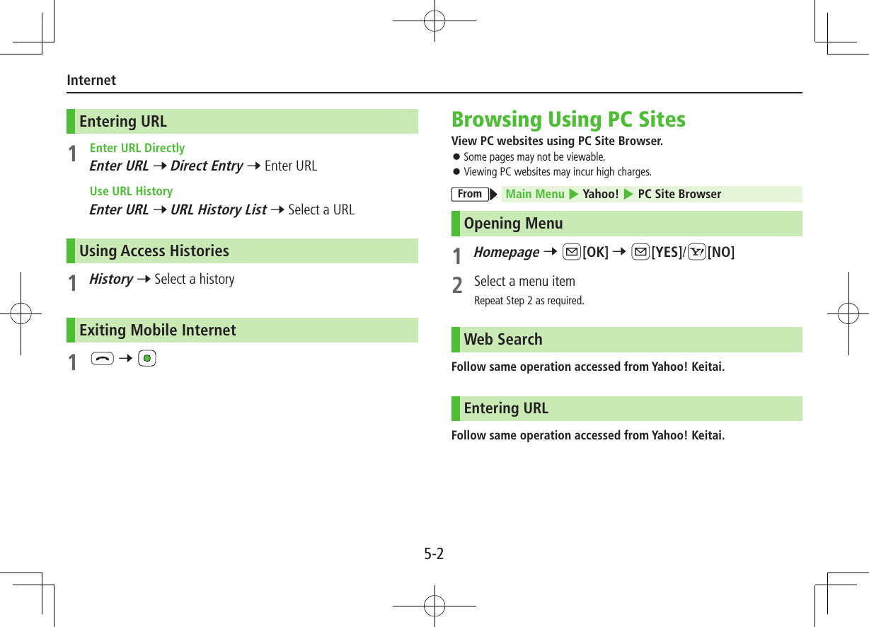 5-2InternetEntering URL1  Enter URL DirectlyEnter URL 7 Direct Entry 7 Enter URL Use URL HistoryEnter URL 7 URL History List 7 Select a URLUsing Access Histories1 History 7 Select a historyExiting Mobile Internet1 L 7 Browsing Using PC SitesView PC websites using PC Site Browser. ⿟Some pages may not be viewable. ⿟Viewing PC websites may incur high charges.From Main Menu 4 Yahoo! 4 PC Site BrowserOpening Menu1 Homepage 7 A[OK] 7 A[YES]/S[NO]2  Select a menu itemRepeat Step 2 as required.Web SearchFollow same operation accessed from Yahoo! Keitai. Entering URLFollow same operation accessed from Yahoo! Keitai. 