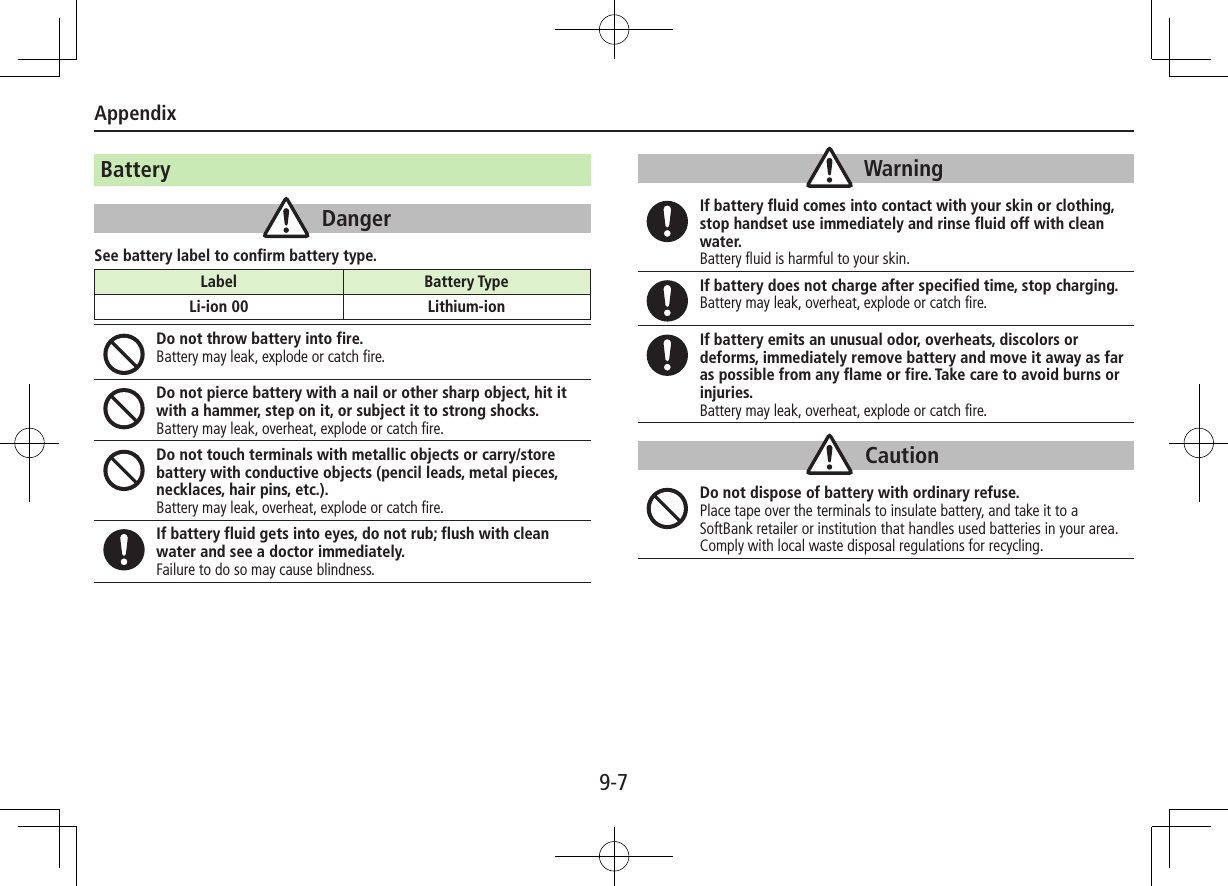 Appendix9-7BatteryDangerSee battery label to confirm battery type.Do not throw battery into fire.Battery may leak, explode or catch fire.Do not pierce battery with a nail or other sharp object, hit it with a hammer, step on it, or subject it to strong shocks.Battery may leak, overheat, explode or catch fire.Do not touch terminals with metallic objects or carry/store battery with conductive objects (pencil leads, metal pieces, necklaces, hair pins, etc.). Battery may leak, overheat, explode or catch fire.If battery fluid gets into eyes, do not rub; flush with clean water and see a doctor immediately.Failure to do so may cause blindness.Label Battery TypeLi-ion 00 Lithium-ionWarningIf battery fluid comes into contact with your skin or clothing, stop handset use immediately and rinse fluid off with clean water.Battery fluid is harmful to your skin.If battery does not charge after specified time, stop charging.Battery may leak, overheat, explode or catch fire.If battery emits an unusual odor, overheats, discolors or deforms, immediately remove battery and move it away as far as possible from any flame or fire. Take care to avoid burns or injuries.Battery may leak, overheat, explode or catch fire.CautionDo not dispose of battery with ordinary refuse.Place tape over the terminals to insulate battery, and take it to a SoftBank retailer or institution that handles used batteries in your area. Comply with local waste disposal regulations for recycling.