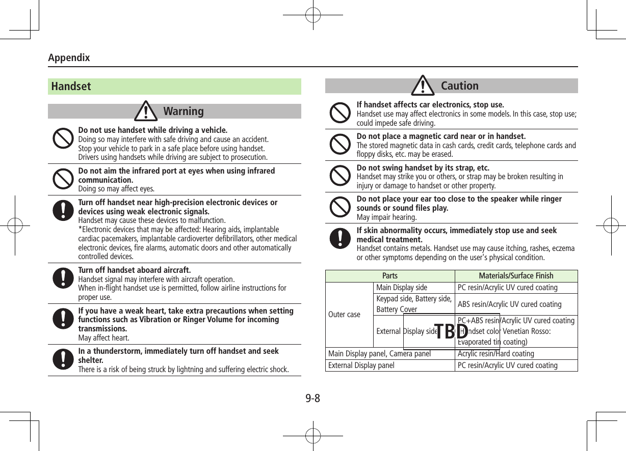 Appendix9-8HandsetWarningDo not use handset while driving a vehicle.Doing so may interfere with safe driving and cause an accident. Stop your vehicle to park in a safe place before using handset. Drivers using handsets while driving are subject to prosecution.Do not aim the infrared port at eyes when using infrared communication.Doing so may affect eyes.Turn off handset near high-precision electronic devices or devices using weak electronic signals.Handset may cause these devices to malfunction.*Electronic devices that may be affected: Hearing aids, implantable cardiac pacemakers, implantable cardioverter defibrillators, other medical electronic devices, fire alarms, automatic doors and other automatically controlled devices.Turn off handset aboard aircraft. Handset signal may interfere with aircraft operation.When in-flight handset use is permitted, follow airline instructions for proper use.If you have a weak heart, take extra precautions when setting functions such as Vibration or Ringer Volume for incoming transmissions.May affect heart.In a thunderstorm, immediately turn off handset and seek shelter.There is a risk of being struck by lightning and suffering electric shock.CautionIf handset affects car electronics, stop use.Handset use may affect electronics in some models. In this case, stop use; could impede safe driving.Do not place a magnetic card near or in handset.The stored magnetic data in cash cards, credit cards, telephone cards and floppy disks, etc. may be erased.Do not swing handset by its strap, etc.Handset may strike you or others, or strap may be broken resulting in injury or damage to handset or other property.Do not place your ear too close to the speaker while ringer sounds or sound files play.May impair hearing.If skin abnormality occurs, immediately stop use and seek medical treatment.Handset contains metals. Handset use may cause itching, rashes, eczema or other symptoms depending on the user&apos;s physical condition. Parts Materials/Surface FinishOuter caseMain Display side PC resin/Acrylic UV cured coatingKeypad side, Battery side, Battery Cover ABS resin/Acrylic UV cured coatingExternal Display sidePC+ABS resin/Acrylic UV cured coating  (Handset color Venetian Rosso: Evaporated tin coating)Main Display panel, Camera panel Acrylic resin/Hard coatingExternal Display panel PC resin/Acrylic UV cured coatingTBD