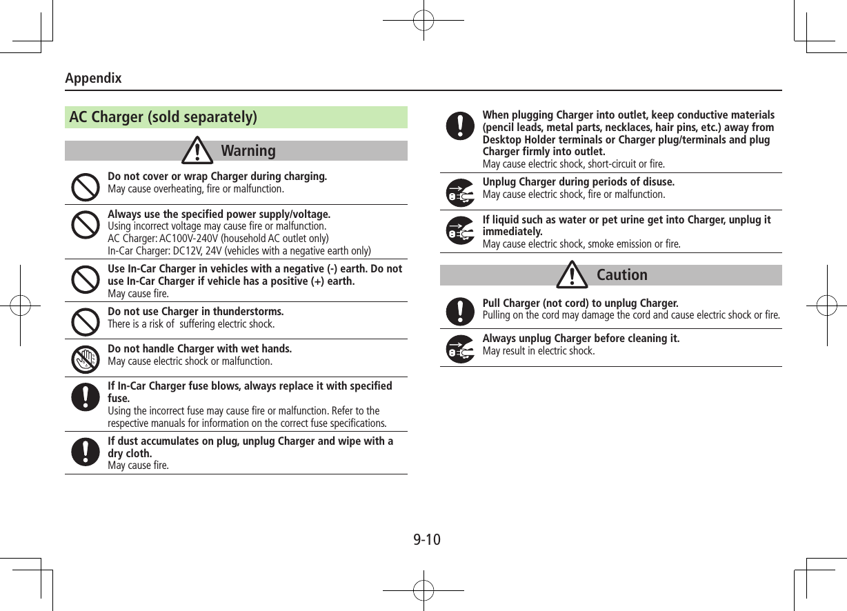 Appendix9-10AC Charger (sold separately)WarningDo not cover or wrap Charger during charging.May cause overheating, fire or malfunction.Always use the specified power supply/voltage.Using incorrect voltage may cause fire or malfunction. AC Charger: AC100V-240V (household AC outlet only) In-Car Charger: DC12V, 24V (vehicles with a negative earth only)Use In-Car Charger in vehicles with a negative (-) earth. Do not use In-Car Charger if vehicle has a positive (+) earth.May cause fire.Do not use Charger in thunderstorms.There is a risk of  suffering electric shock.Do not handle Charger with wet hands.May cause electric shock or malfunction.If In-Car Charger fuse blows, always replace it with specified fuse.Using the incorrect fuse may cause fire or malfunction. Refer to the respective manuals for information on the correct fuse specifications.If dust accumulates on plug, unplug Charger and wipe with a dry cloth.May cause fire.When plugging Charger into outlet, keep conductive materials (pencil leads, metal parts, necklaces, hair pins, etc.) away from Desktop Holder terminals or Charger plug/terminals and plug Charger firmly into outlet.May cause electric shock, short-circuit or fire.Unplug Charger during periods of disuse.May cause electric shock, fire or malfunction.If liquid such as water or pet urine get into Charger, unplug it immediately.May cause electric shock, smoke emission or fire.CautionPull Charger (not cord) to unplug Charger.Pulling on the cord may damage the cord and cause electric shock or fire.Always unplug Charger before cleaning it.May result in electric shock.