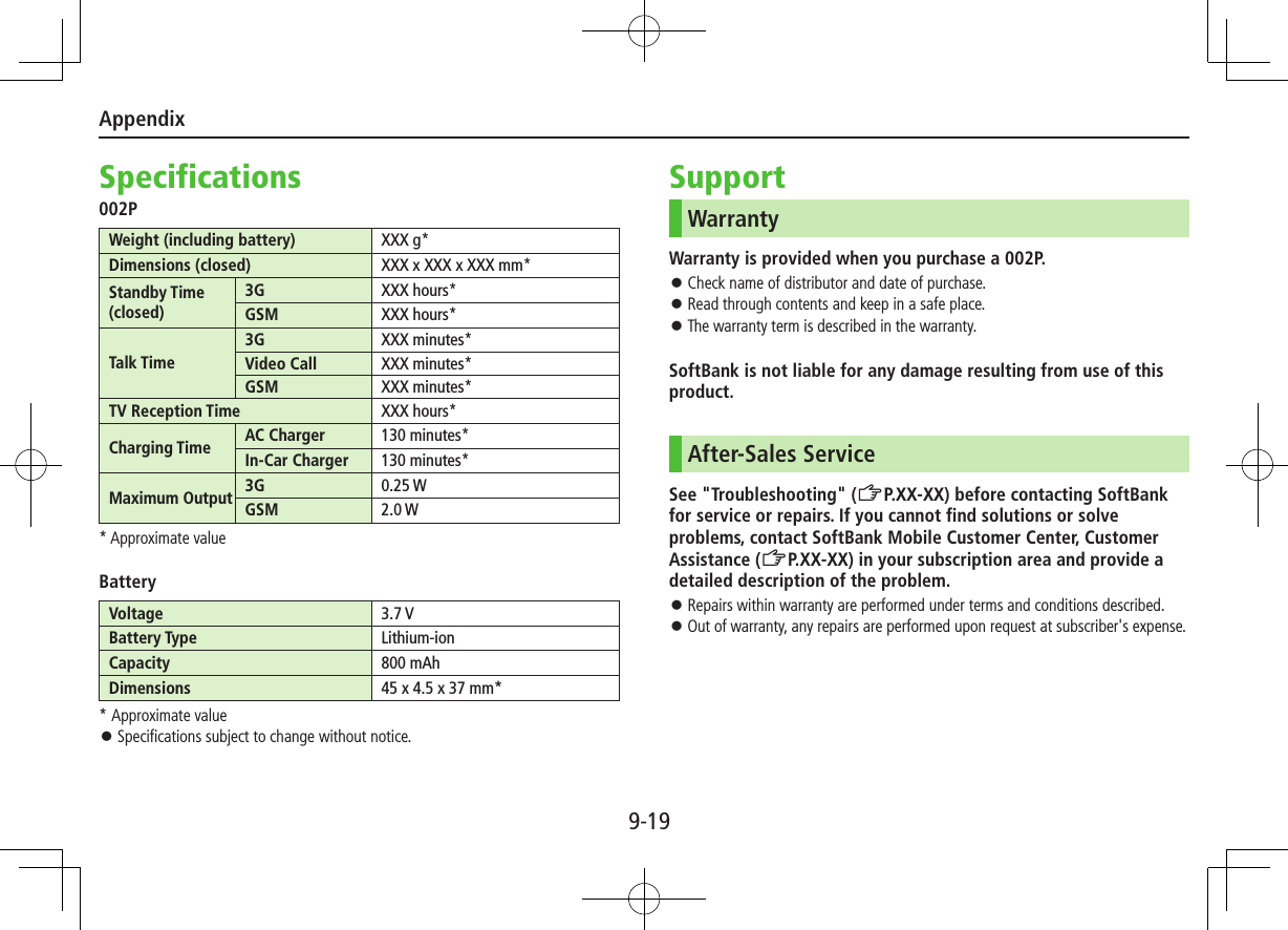 Appendix9-19Specifications002PWeight (including battery) XXX g*Dimensions (closed) XXX x XXX x XXX mm*Standby Time (closed)3G XXX hours*GSM XXX hours*Talk Time3G XXX minutes*Video Call XXX minutes*GSM XXX minutes*TV Reception Time XXX hours*Charging Time AC Charger 130 minutes*In-Car Charger 130 minutes*Maximum Output 3G 0.25 WGSM 2.0 W* Approximate valueBatteryVoltage 3.7 VBattery Type Lithium-ionCapacity 800 mAhDimensions 45 x 4.5 x 37 mm** Approximate value ⿟Specifications subject to change without notice.SupportWarrantyWarranty is provided when you purchase a 002P. ⿟Check name of distributor and date of purchase. ⿟Read through contents and keep in a safe place. ⿟The warranty term is described in the warranty.SoftBank is not liable for any damage resulting from use of this product.After-Sales ServiceSee &quot;Troubleshooting&quot; (ZP.XX-XX) before contacting SoftBank for service or repairs. If you cannot find solutions or solve problems, contact SoftBank Mobile Customer Center, Customer Assistance (ZP.XX-XX) in your subscription area and provide a detailed description of the problem. ⿟Repairs within warranty are performed under terms and conditions described. ⿟Out of warranty, any repairs are performed upon request at subscriber&apos;s expense.