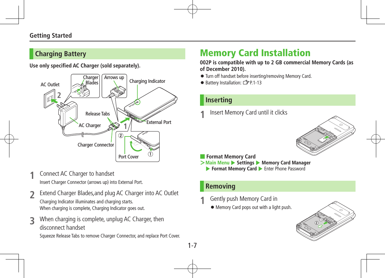 1-7Getting StartedCharging BatteryUse only specified AC Charger (sold separately).1  Connect AC Charger to handsetInsert Charger Connector (arrows up) into External Port.2  Extend Charger Blades,and plug AC Charger into AC OutletCharging Indicator illuminates and charging starts.When charging is complete, Charging Indicator goes out.3  When charging is complete, unplug AC Charger, then disconnect handsetSqueeze Release Tabs to remove Charger Connector, and replace Port Cover. Charging IndicatorExternal PortPort CoverAC OutletChargerBlades2Release TabsAC ChargerCharger ConnectorArrows up1Memory Card Installation002P is compatible with up to 2 GB commercial Memory Cards (as of December 2010). ⿟Turn off handset before inserting/removing Memory Card. ⿟Battery Installation: ZP.1-13Inserting1  Insert Memory Card until it clicks ■Format Memory Card ＞Main Menu 4 Settings 4 Memory Card Manager 4 Format Memory Card 4 Enter Phone PasswordRemoving1  Gently push Memory Card in ⿟Memory Card pops out with a light push.