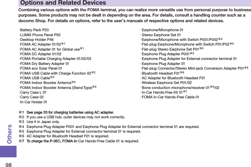 98OthersOptions and Related DevicesCombining various options with the FOMA terminal, you can realize more versatile use from personal purpose to business purposes. Some products may not be dealt in depending on the area. For details, consult a handling counter such as a docomo Shop. For details on options, refer to the user’s manuals of respective options and related devices.・Battery Pack P20・LUMIX Phone Panel P50・Desktop Holder P46・FOMA AC Adapter 01/02※1・FOMA AC Adapter 01 for Global use※1・FOMA DC Adapter 01/02・FOMA Portable Charging Adapter 01/02/03・FOMA Dry Battery Adapter 01・FOMA eco Solar Panel 01・FOMA USB Cable with Charge Function 02※2・FOMA USB Cable※2・FOMA Indoor Booster Antenna※3・FOMA Indoor Booster Antenna (Stand Type)※3・Carry Case L 01・Carry Case 02・In-Car Holder 01・Earphone/Microphone 01・Stereo Earphone Set 01・Earphone/Microphone with Switch P001/P002※4・Flat-plug Earphone/Microphone with Switch P01/P02※5・Flat-plug Stereo Earphone Set P01※5・Earphone Plug Adapter P001※5・Earphone Plug Adapter for External connector terminal 01・Earphone Plug Adapter 01・Flat-plug Connector/Stereo Mini-jack Conversion Adapter P01※5・Bluetooth Headset F01※6・AC Adapter for Bluetooth Headset F01・Wireless Earphone Set P01/02・Bone conduction microphone/receiver 01※5/02・In-Car Hands-Free Kit 01※7・FOMA In-Car Hands-Free Cable 01※1  See page 20 for charging batteries using AC adapter.1  See page 20 for charging batteries using AC adapter.※2  If you use a USB hub, outer devices may not work correctly.※3  Use it in Japan only.※4  Earphone Plug Adapter P001 and Earphone Plug Adapter for External connector terminal 01 are required.※5  Earphone Plug Adapter for External connector terminal 01 is required.※6  AC Adapter for Bluetooth Headset F01 is required.※7  To charge the P-05C, FOMA In7  To charge the P-05C, FOMA In-Car Hands-Free Cable 01 is required.