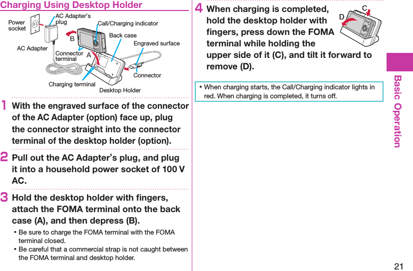 21Basic OperationCharging Using Desktop HolderDesktop HolderCall/Charging indicatorBack caseCharging terminalEngraved surfaceConnector terminalPower socketAC AdapterAC Adapter’s plugConnector 1With the engraved surface of the connector of the AC Adapter (option) face up, plug the connector straight into the connector terminal of the desktop holder (option).2Pull out the AC Adapter’s plug, and plug it into a household power socket of 100 V AC.3Hold the desktop holder with ﬁngers, attach the FOMA terminal onto the back case (A), and then depress (B). ⿠Be sure to charge the FOMA terminal with the FOMA terminal closed. ⿠Be careful that a commercial strap is not caught between the FOMA terminal and desktop holder.4When charging is completed, hold the desktop holder with ﬁngers, press down the FOMA terminal while holding the upper side of it (C), and tilt it forward to remove (D). ⿠When charging starts, the Call/Charging indicator lights in red. When charging is completed, it turns off.