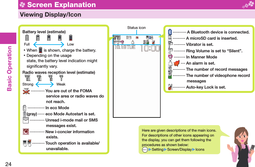 24Basic Operation Status icon Screen Explanation  Viewing Display/Icon Battery level (estimate)          Full    Low ⿠When   is shown, charge the battery. ⿠Depending on the usage state, the battery level indication might signiﬁ cantly vary. Radio waves reception level (estimate)       Strong    Weak ············  You are out of the FOMA service area or radio waves do not reach. ··············· In eco Mode(gray) ······ eco Mode Autostart is set. ············· Unread i-mode mail or SMS messages exist. ············· New i-concier information exists. ··········· Touch operation is available/unavailable.Here are given descriptions of the main icons. For descriptions of other icons appearing on the display, you can get them following the procedures as shown below:+m▶Setting▶Screen/Display▶Icons ············ A Bluetooth device is connected. ··········· A microSD card is inserted. ·········· Vibrator is set. ·········· Ring Volume is set to “Silent”. ·········· In Manner Mode ···· An alarm is set. ··········· The number of record messages ··········· The number of videophone record messages ··········· Auto-key Lock is set.