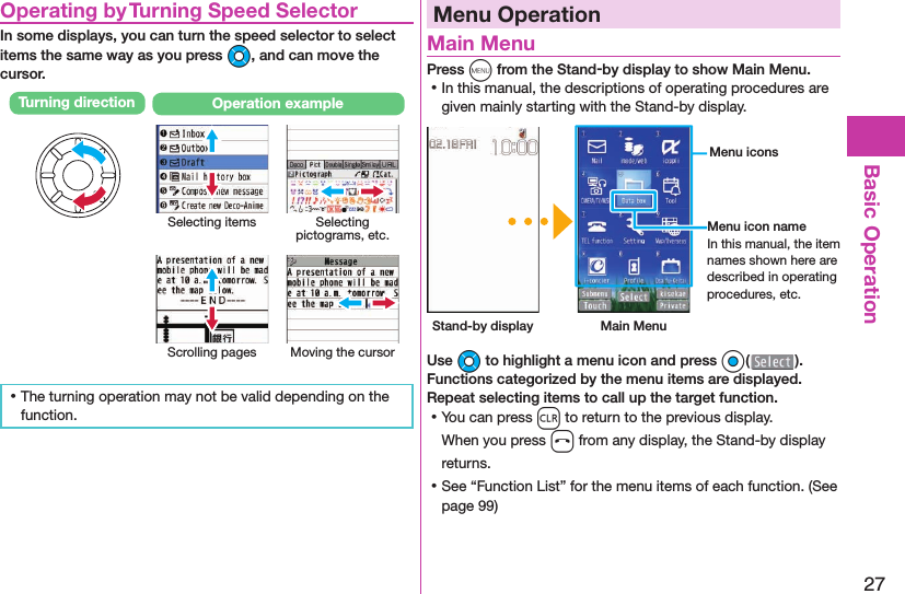 27Basic Operation  Operating by Turning Speed SelectorIn some displays, you can turn the speed selector to select items the same way as you press Mo, and can move the cursor.Turning direction Operation exampleSelecting items Selecting pictograms, etc.Scrolling pages Moving the cursor ⿠The turning operation may not be valid depending on the function.Menu Operation Main MenuPress m from the Stand-by display to show Main Menu. ⿠In this manual, the descriptions of operating procedures are given mainly starting with the Stand-by display. Stand-by display Main Menu Menu iconsMenu icon nameIn this manual, the item names shown here are described in operating procedures, etc.Use Mo to highlight a menu icon and press Oo( ). Functions categorized by the menu items are displayed. Repeat selecting items to call up the target function. ⿠You can press r to return to the previous display.When you press h from any display, the Stand-by display returns. ⿠See “Function List” for the menu items of each function. (See page 99)