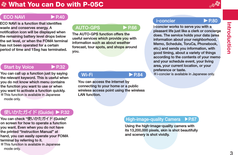 3Introduction What You can Do with P-05C使いかたガイド (Guide) ▶P.32You can check “使いかたガイド (Guide)” on screen for how to operate a function you want. Even when you do not have the printed “Instruction Manual” at hand, you can easily operate your FOMA terminal by referring to it.※ This function is available in Japanese mode only.Start by Voice ▶P.32You can call up a function just by saying the relevant keyword. This is useful when you do not know which menu contains the function you want to use or when you want to activate a function quickly.※ This function is available in Japanese mode only.High-image-quality Camera ▶P.67Using the high-image-quality camera with its 13,200,000 pixels, skin is shot beautifully and scenery is shot vividly. ECO NAVI  ▶P.40ECO NAVI is a function that identiﬁ es waste and conserves energy. A notiﬁ cation icon will be displayed when the remaining battery level drops below the set level, or when the FOMA terminal has not been operated for a certain period of time and 1Seg has terminated.i-concier ▶P.80i-concier works to serve you with a pleasant life just like a clerk or concierge does. The service holds your data (area information about your neighborhood, Memo, Schedule, ToruCa, Phonebook, etc.) and sends you information, with good timing, about a variety of things according to the contents of your memo and your schedule event, your living area, your current location, or your preference or taste.※ i-concier is available in Japanese only.AUTO-GPS ▶P.66The AUTO-GPS function offers the useful services which provide you with information such as about weather forecast, tour spots, and shops around you.Wi-Fi ▶P.84You can access the internet by connecting to your home or a public wireless access point using the wireless LAN function.