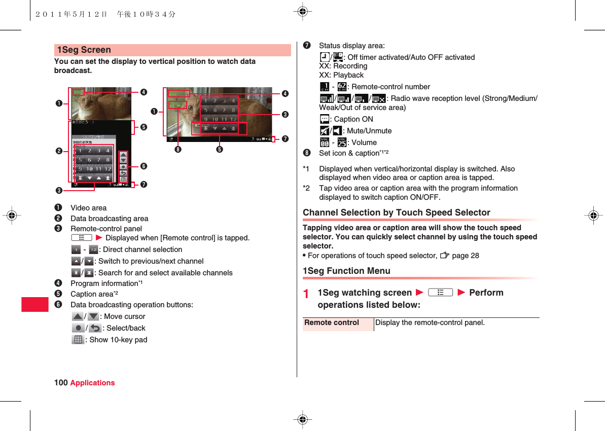 100 ApplicationsYou can set the display to vertical position to watch data broadcast.1Seg Screen1Video area2Data broadcasting area3Remote-control panelxA W Displayed when [Remote control] is tapped. -  : Direct channel selection/ : Switch to previous/next channel/ : Search for and select available channels4Program information*15Caption area*26Data broadcasting operation buttons:/ : Move cursor/ : Select/back: Show 10-key pad1246357138457Channel Selection by Touch Speed SelectorTapping video area or caption area will show the touch speed selector. You can quickly select channel by using the touch speed selector.QFor operations of touch speed selector, zZ page 281Seg Function Menu11Seg watching screen W xA W Perform operations listed below:7Status display area:/ : Off timer activated/Auto OFF activatedXX: RecordingXX: Playback -  : Remote-control number/ / / : Radio wave reception level (Strong/Medium/Weak/Out of service area): Caption ON/ : Mute/Unmute -  : Volume8Set icon &amp; caption*1*2*1 Displayed when vertical/horizontal display is switched. Also displayed when video area or caption area is tapped.*2 Tap video area or caption area with the program information displayed to switch caption ON/OFF.Remote control Display the remote-control panel.２０１１年５月１２日 午後１０時３４分