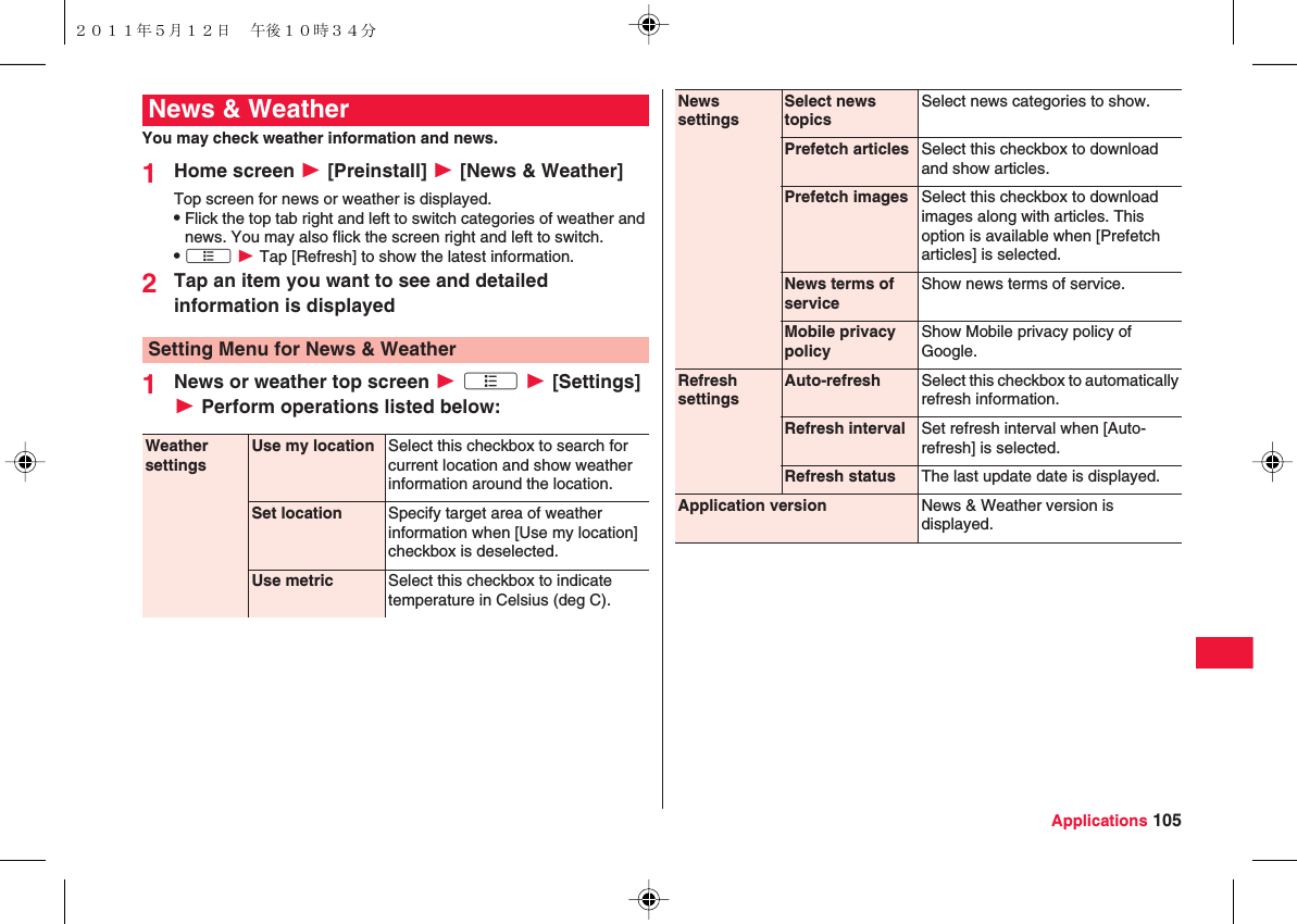 Applications 105You may check weather information and news.1Home screen W [Preinstall] W [News &amp; Weather]Top screen for news or weather is displayed.QFlick the top tab right and left to switch categories of weather and news. You may also flick the screen right and left to switch.QxA W Tap [Refresh] to show the latest information.2Tap an item you want to see and detailed information is displayed1News or weather top screen W xA W [Settings] W Perform operations listed below:News &amp; WeatherSetting Menu for News &amp; WeatherWeather settingsUse my location Select this checkbox to search for current location and show weather information around the location.Set location Specify target area of weather information when [Use my location] checkbox is deselected.Use metric Select this checkbox to indicate temperature in Celsius (deg C).News settingsSelect news topicsSelect news categories to show.Prefetch articles Select this checkbox to download and show articles.Prefetch images Select this checkbox to download images along with articles. This option is available when [Prefetch articles] is selected.News terms of serviceShow news terms of service.Mobile privacy policyShow Mobile privacy policy of Google.Refresh settingsAuto-refresh Select this checkbox to automatically refresh information.Refresh interval Set refresh interval when [Auto-refresh] is selected.Refresh status The last update date is displayed.Application version News &amp; Weather version is displayed.２０１１年５月１２日 午後１０時３４分